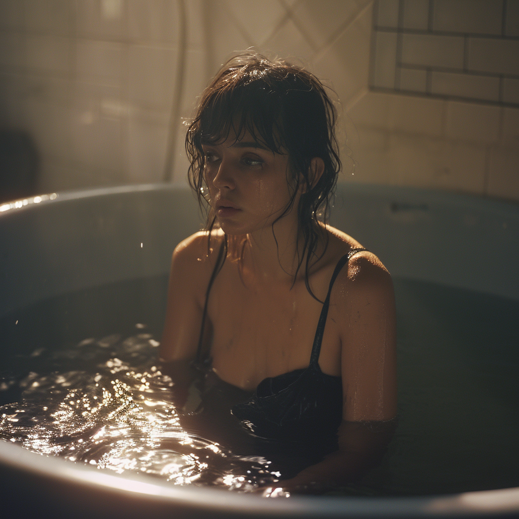 Captura nocturna de una joven sumida en sus pensamientos mientras se relaja en una bañera. Esta imagen evoca un momento de introspección y calma, ideal para quienes buscan inspiración en la tranquilidad del hogar.