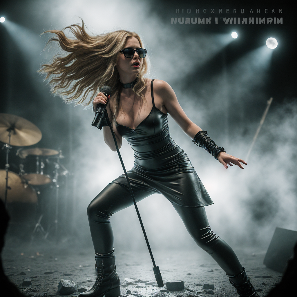 Fotografía de una cantante en plena acción. Capturada en el clímax de su presentación, la imagen destila energía pura a través de su pose dinámica y expresión intensa.