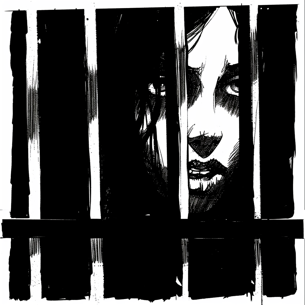 Imagen artística. Este poderoso retrato en blanco y negro captura la esencia de una narrativa inquietante a través de la mirada penetrante de una mujer. Oculta detrás de lo que parece ser barrotes, su expresión revela una historia no contada llena de profundidad y complejidad.