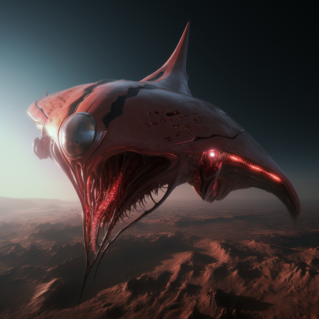 Explora esta impresionante imagen de una nave alienígena de diseño orgánico, flotando sobre un árido paisaje. Sus detalles biomecánicos y la iluminación dramática capturan un momento único de ciencia ficción, perfecto para amantes del arte digital y las historias extraterrestres.