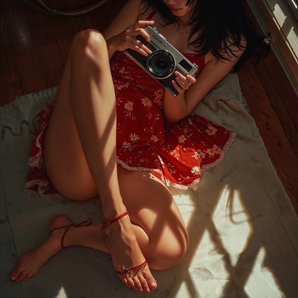 Una mujer con vestido rojo de verano se relaja en el suelo de una habitación iluminada por el sol, sosteniendo una cámara vintage. La luz natural y las sombras crean un ambiente cálido y relajado, ideal para contenido sobre moda veraniega, fotografía y estilo de vida.