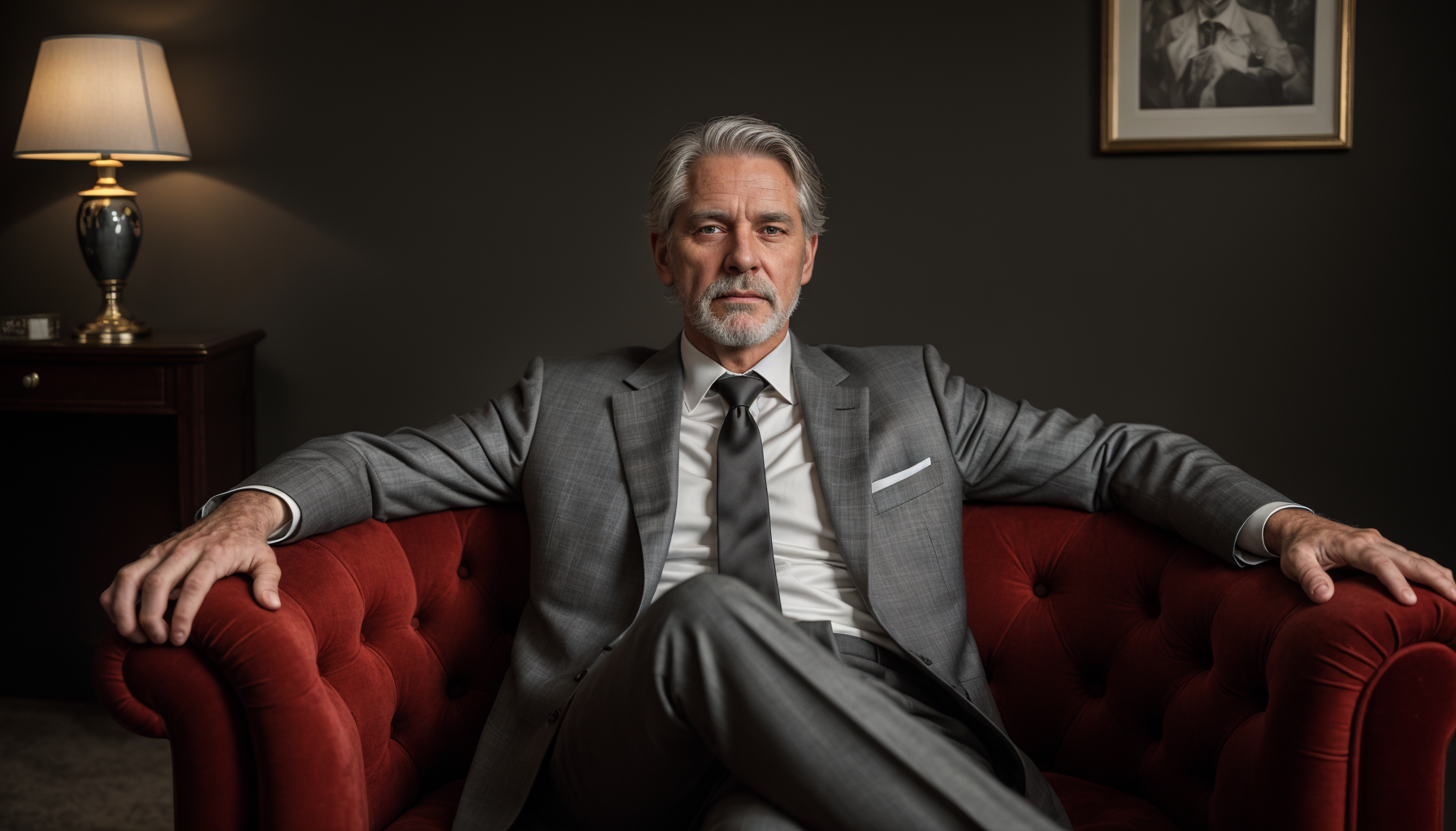 Fotografía amplia y cautivadora revela la figura de un hombre que personifica la autoridad y la sofisticación. Sentado cómodamente en una silla de terciopelo rojo, este caballero de cabello plateado y barba bien cuidada, viste un traje de raya diplomática que habla de su gusto impecable.