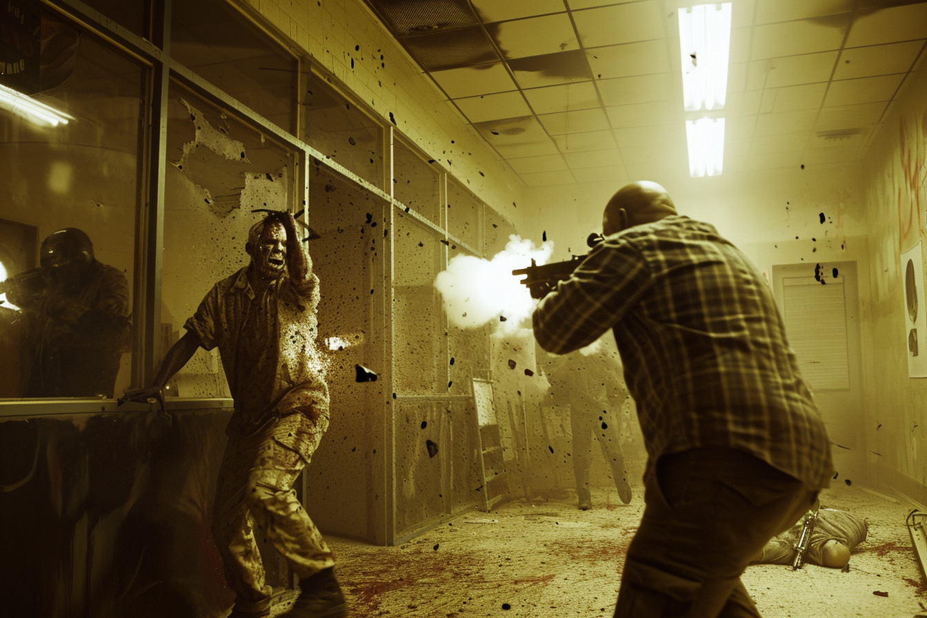 Escena intensa de acción donde un valiente superviviente enfrenta a un zombie en un estrecho pasillo, disparando con su arma en plena batalla por la supervivencia. La tensión y el peligro son palpables en esta impactante imagen, perfecta para los amantes del terror y el apocalipsis.