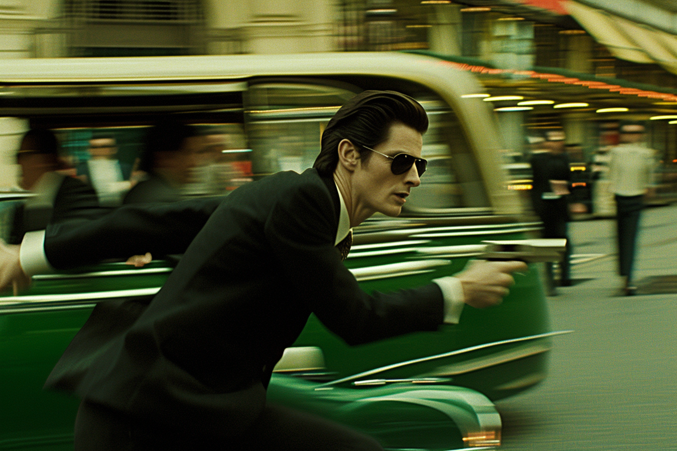Un hombre con traje y gafas de sol corre a toda velocidad con una pistola en mano, capturando un momento de alta tensión y adrenalina. La imagen, con un fondo urbano borroso y un coche verde vintage, resalta la acción y la urgencia del momento. Ideal para los amantes de las películas de acción.