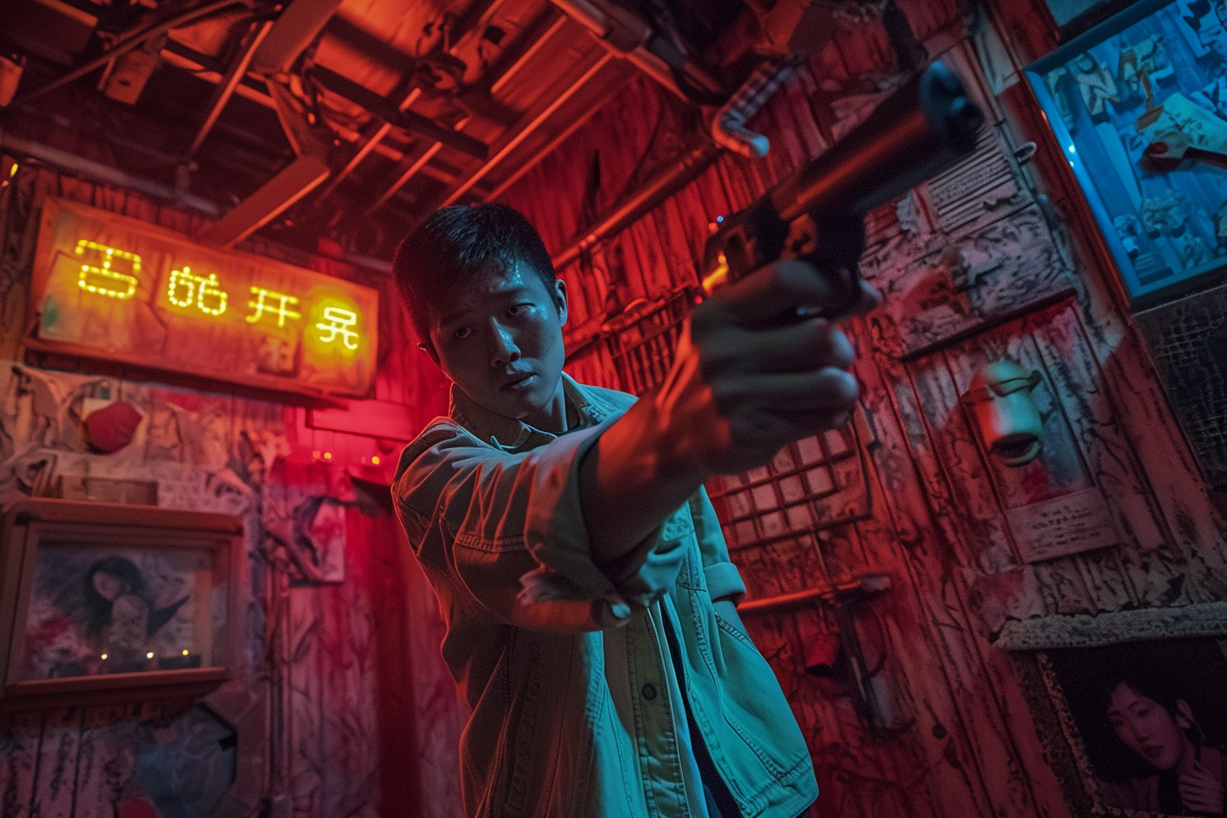 Un hombre armado, con expresión de alerta, apunta una pistola en un ambiente oscuro y saturado de luces rojas y azules. La escena parece de una película de acción o thriller, llena de tensión y dramatismo.