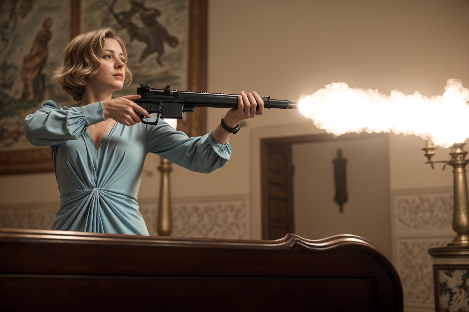 Una mujer elegante en un vestido azul dispara un arma de fuego en un lujoso interior, destacando la intensidad de la acción. Captura el contraste entre la sofisticación y la adrenalina, perfecta para llamar la atención en publicaciones de redes sociales.