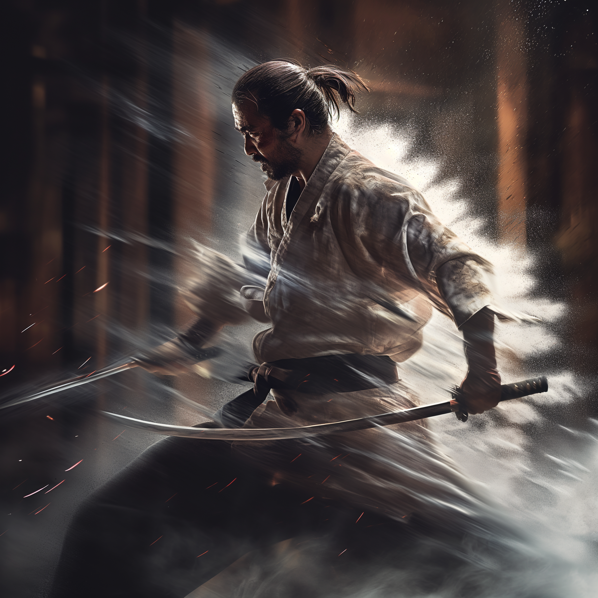 Sumérgete en el mundo del combate con esta impresionante imagen de un samurái en plena acción, con su katana desenvainada y movimientos rápidos que generan una atmósfera llena de energía y dinamismo. Perfecta para los amantes de la cultura japonesa y las artes marciales.