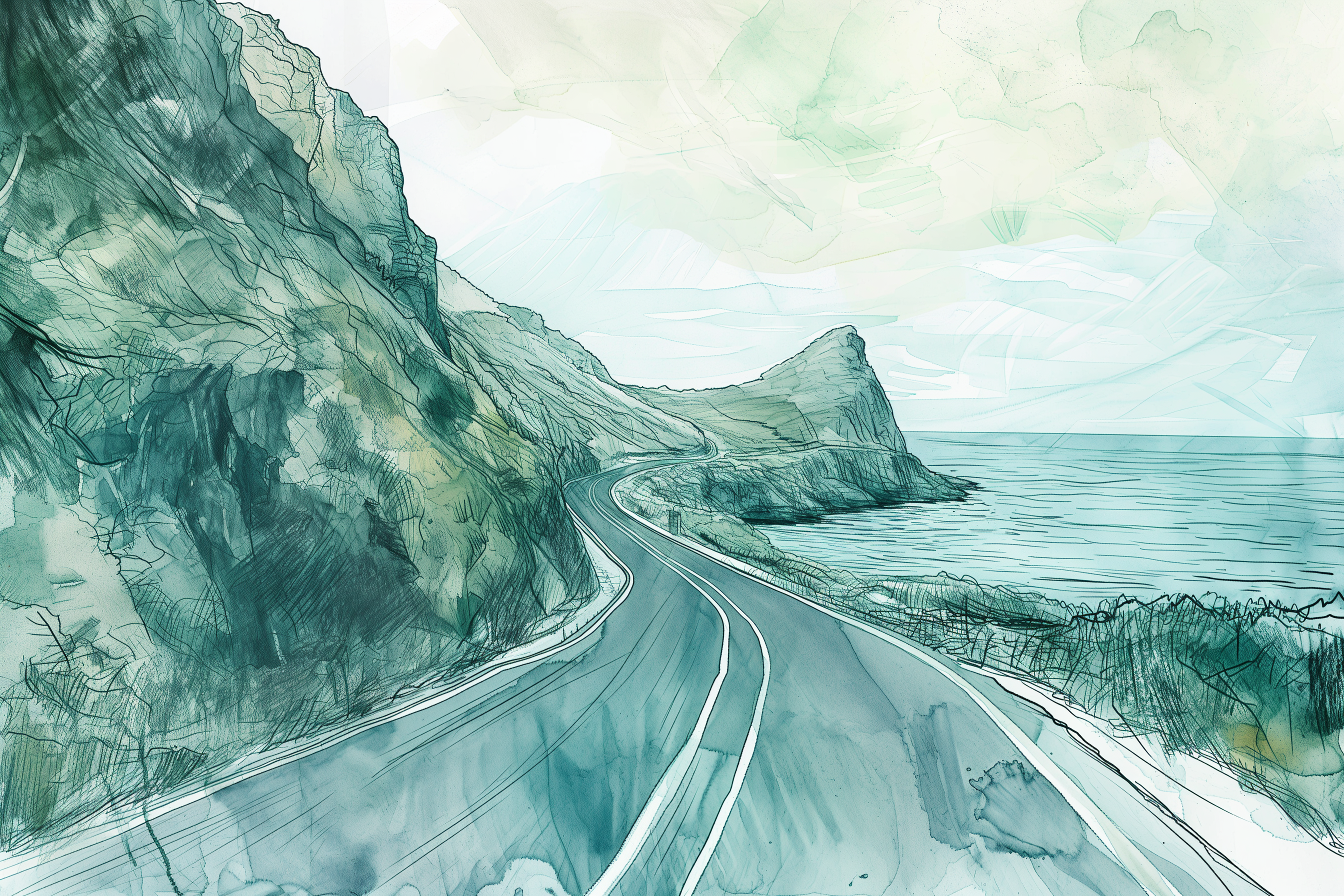 Obra de arte, donde la técnica de la acuarela se fusiona con un paisaje costero para crear una imagen cautivadora que invita al espectador a un viaje visual.