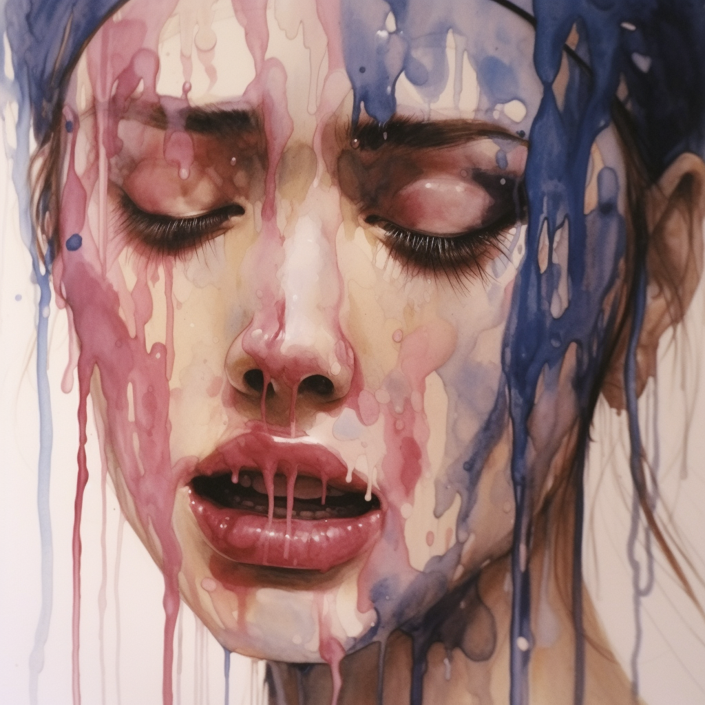 Obra de arte emocionalmente impactante que captura la esencia de la vulnerabilidad y la belleza efímera. Esta imagen, meticulosamente pintada, muestra un primer plano de una mujer con los ojos cerrados, su rostro disuelto en un derrame de acuarelas que fluyen hacia abajo. Los tonos vibrantes de azul y rosa contrastan con la palidez de su piel, evocando un sentido de tranquilidad interrumpida por una tormenta de sentimientos.