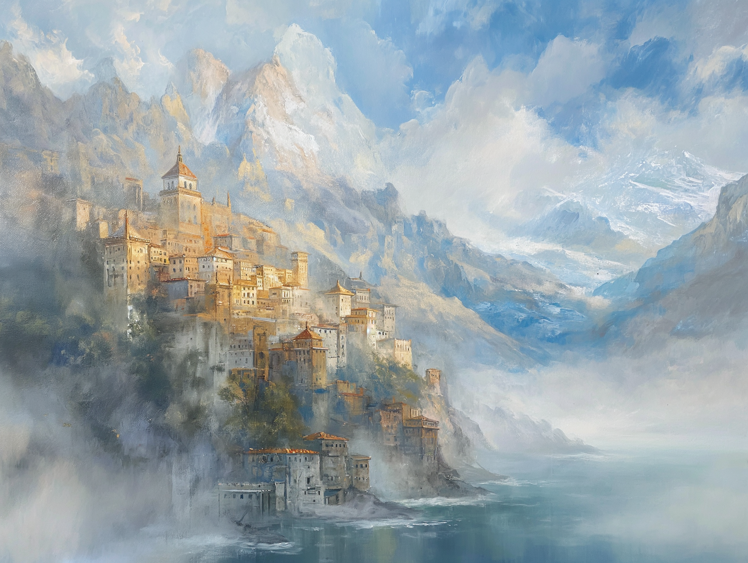 Impresionante pintura que captura la esencia de un escape idílico. La obra maestra invita a los espectadores a perderse en la belleza etérea de las construcciones antiguas que se alzan orgullosas sobre acantilados rocosos, mientras las cumbres nevadas en la distancia se elevan hacia el cielo azul.