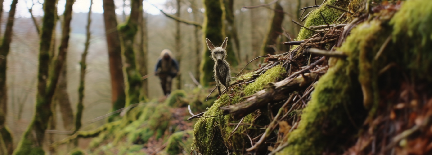 Una criatura peculiar y fantasiosa se encuentra en un bosque cubierto de musgo, mirando directamente a la cámara. Al fondo, un caminante borroso avanza, añadiendo un aire de misterio y aventura a la escena, que mezcla lo real con lo fantástico en un entorno natural.