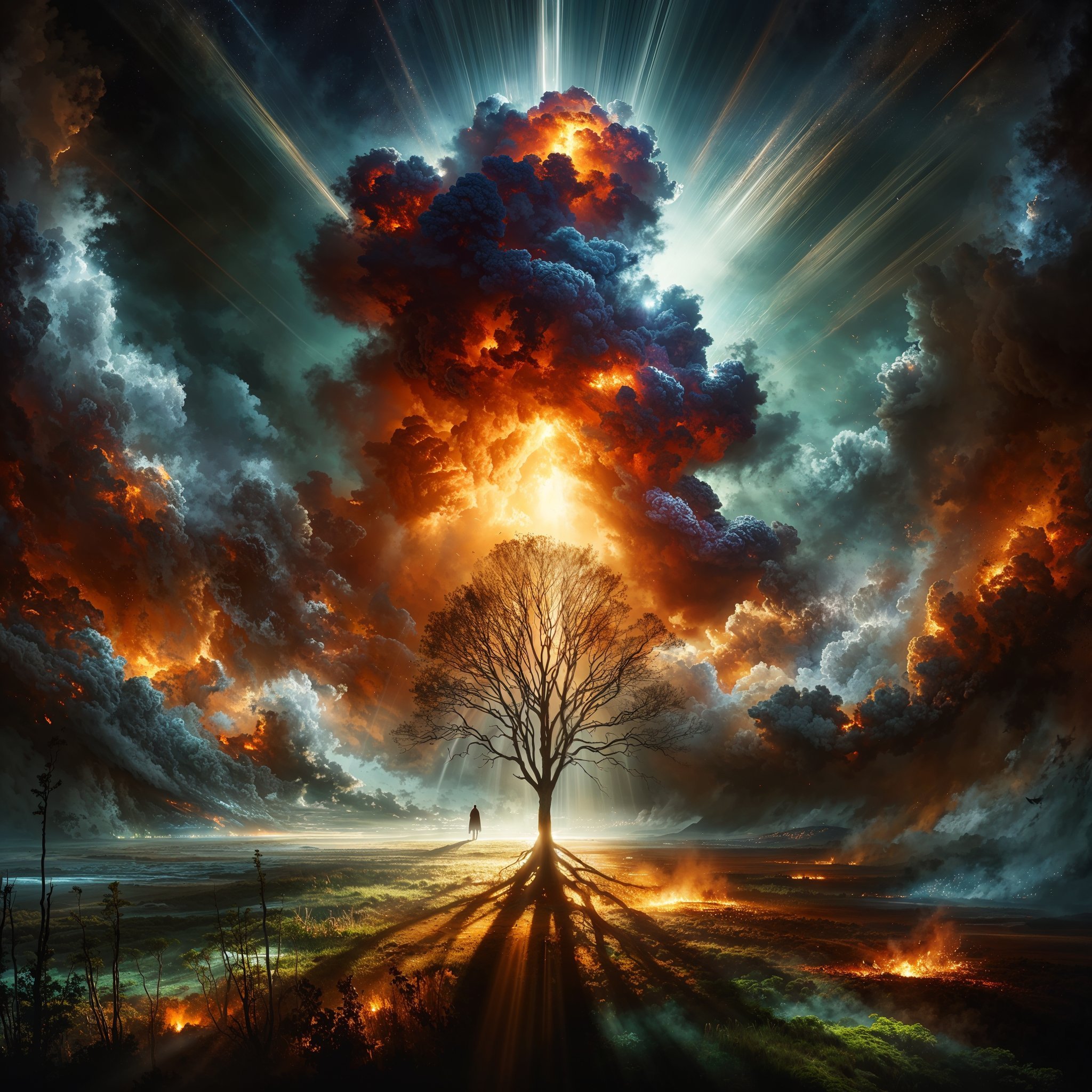 Imagen cautivadora que representa un árbol solitario ante un cielo alborotado, iluminado por un fulgor que sugiere un evento cósmico.