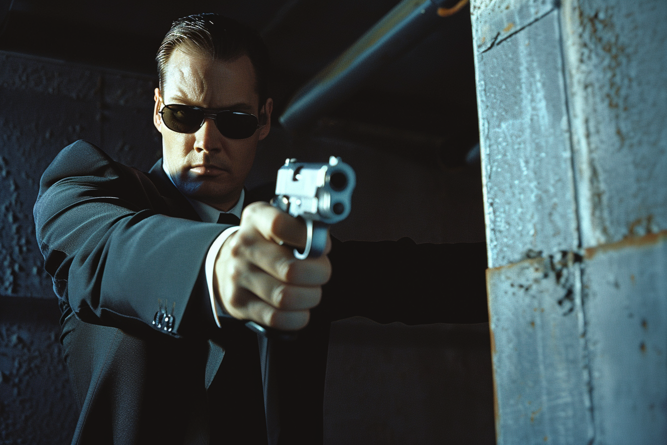 Un agente con gafas de sol, vestido de traje negro, apunta con una pistola en un entorno oscuro e industrial. Esta imagen evoca tensión y acción, perfecta para contenido relacionado con películas de acción o temas de seguridad. Ideal para atraer a amantes del cine y la adrenalina.
