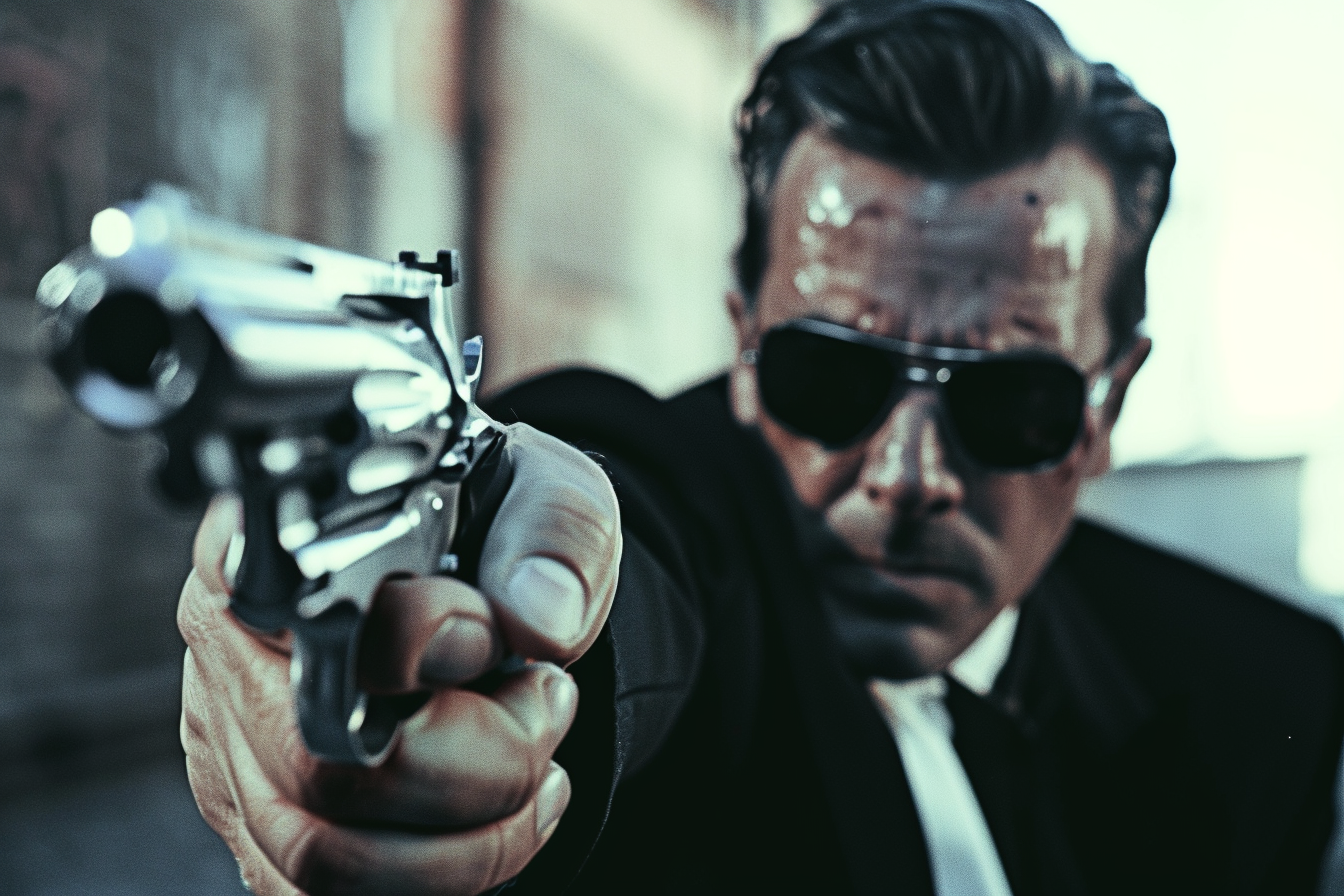 Captura impresionante de un hombre con gafas de sol apuntando una pistola, transmitiendo una sensación de intensidad y peligro. Ideal para fans de películas de acción y dramas policiales. La tensión y el dramatismo en esta imagen la hacen perfecta para destacar en cualquier publicación.