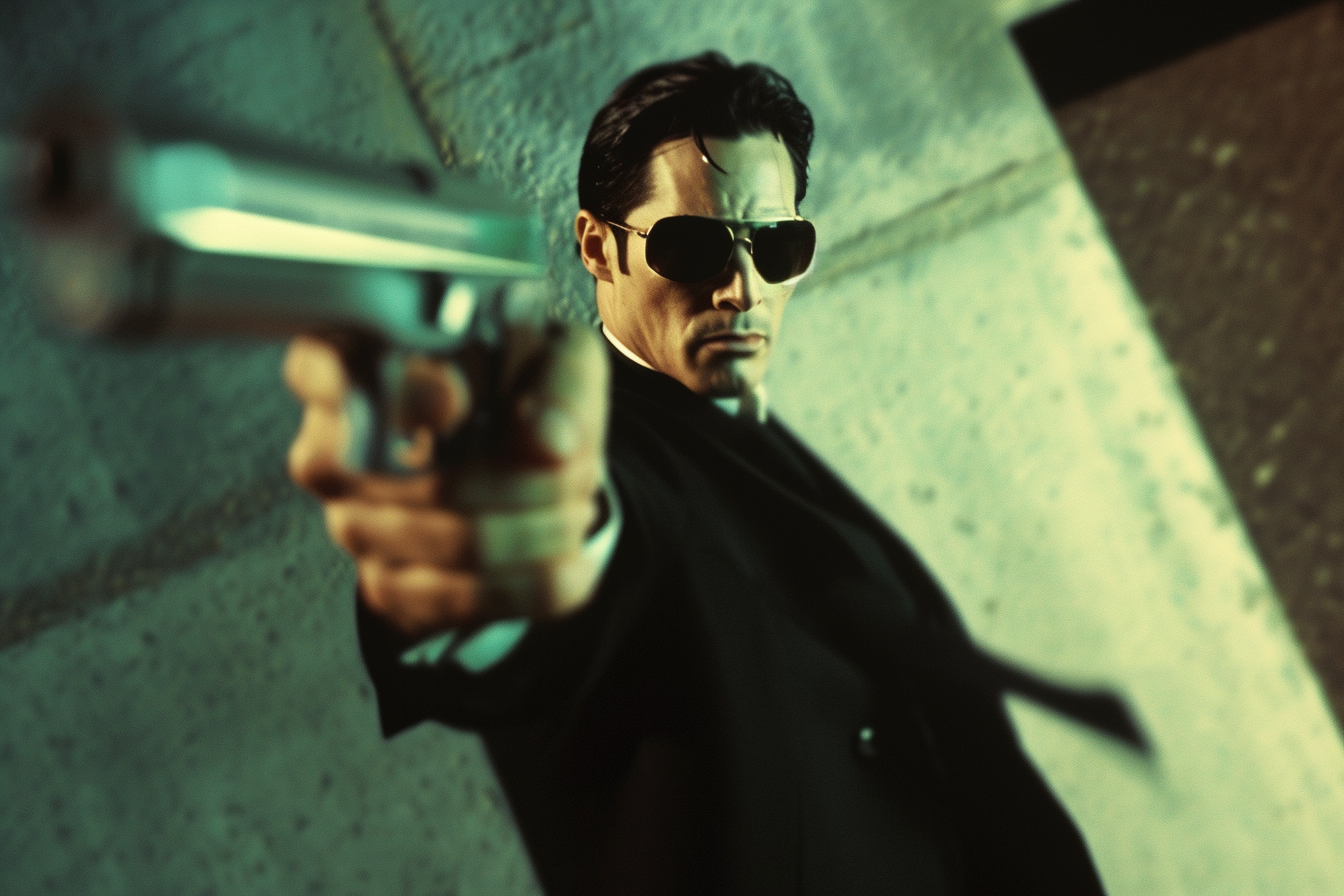 Este impactante primer plano muestra a un hombre con gafas de sol apuntando con una pistola, transmitiendo una atmósfera de suspense intenso y acción. La iluminación y el encuadre añaden un toque cinematográfico que captura perfectamente un momento lleno de adrenalina y estilo.