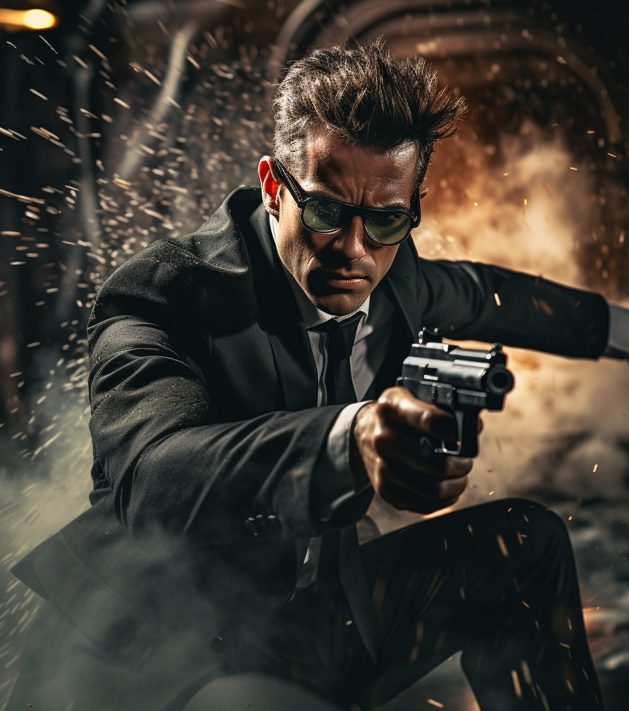 Un agente secreto en traje negro y gafas oscuras apunta su pistola con determinación mientras salta en medio de una explosión dramática. Esta imagen captura la esencia de una película de acción con un héroe intrépido enfrentando el peligro.