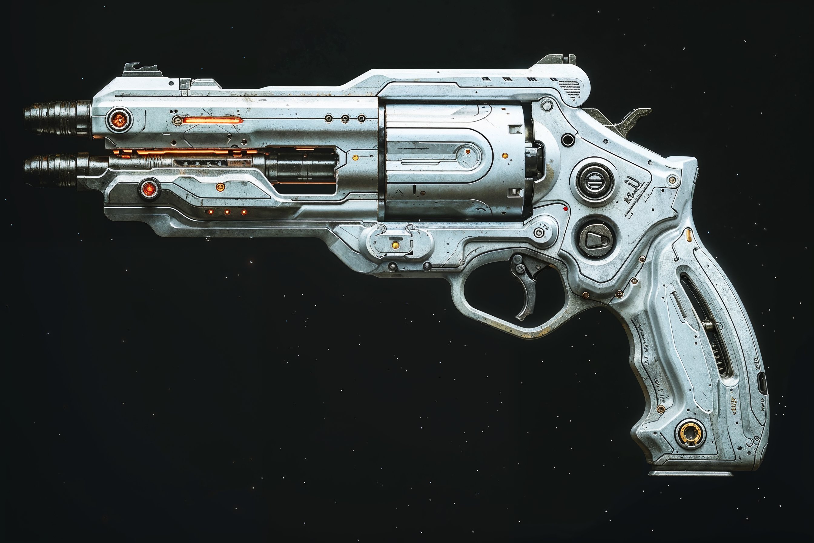 Explora esta visión futurista de alta tecnología: un arma meticulosamente diseñada, con acabados metálicos y luces naranjas que sugieren avanzadas capacidades energéticas. Perfecta para entusiastas del diseño conceptual y la ciencia ficción.
