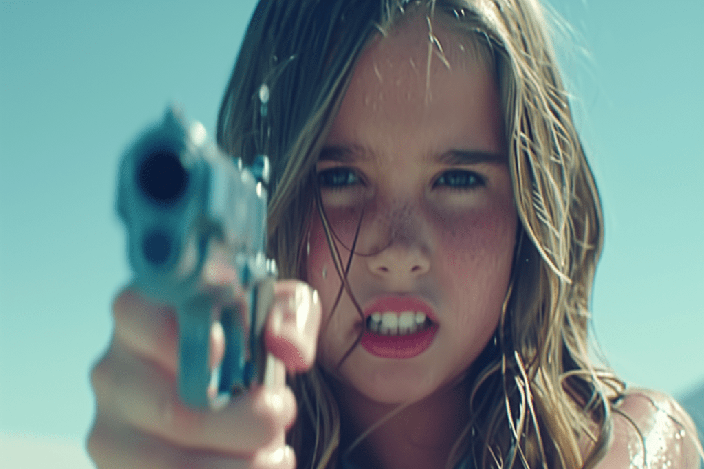Una imagen poderosa y perturbadora de una chica apuntando con un arma, capturando un momento de intensidad y peligro. La escena transmite una mezcla de inocencia y amenaza, evocando fuertes emociones. Perfecta para debates sobre seguridad, cine y narrativa visual.