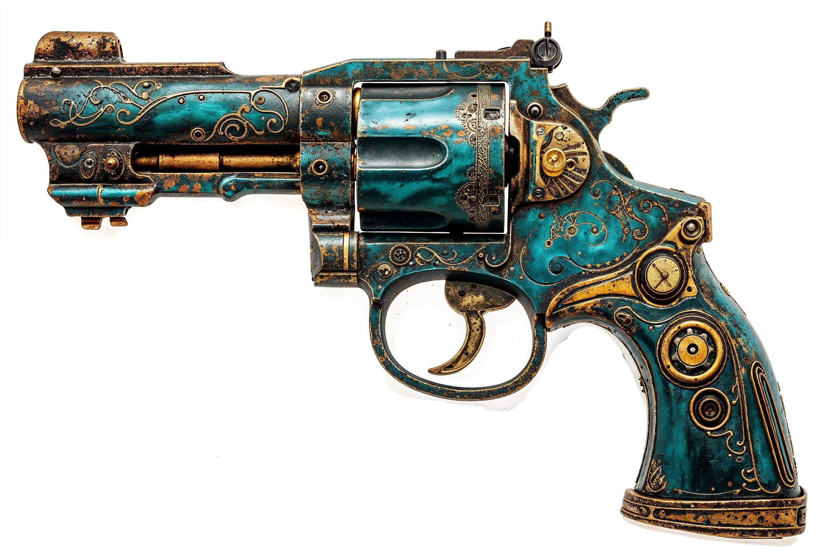 Descubre este revólver vintage meticulosamente ornamentado, una pieza de coleccionista única con incrustaciones y detalles envejecidos que evocan la grandeza del Viejo Oeste. ¡Ideal para aficionados a la historia y a las armas antiguas!