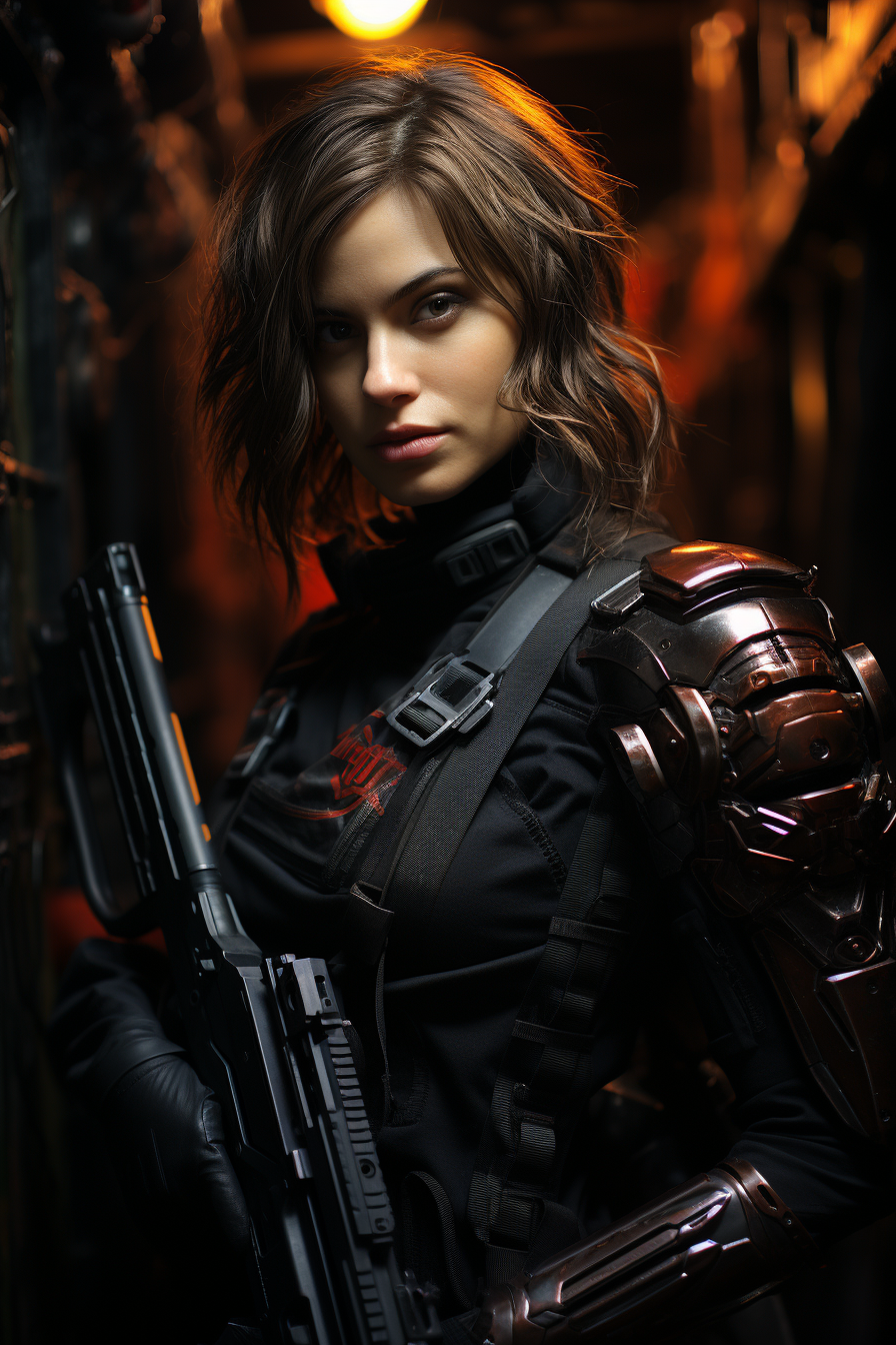 Descubre la imagen de una guerrera futurista con armadura tecnológica y arma avanzada en un entorno industrial oscuro y dramático. Perfecta para fans de la ciencia ficción y los juegos de acción. Atrae a tu audiencia con esta impresionante representación de fuerza y tecnología.