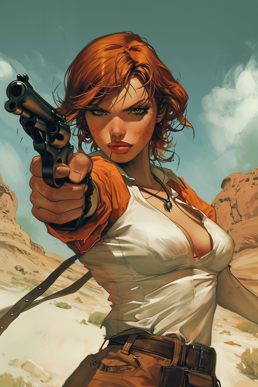 Esta impresionante ilustración muestra a una mujer pelirroja con expresión decidida, apuntando con una pistola en medio de un paisaje desértico. Su actitud desafiante y su atuendo aventurero resaltan en la escena, capturando un momento de acción intensa.
