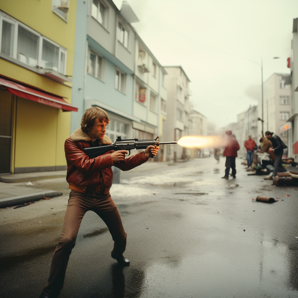 Escena impactante de acción en una calle urbana, con un hombre disparando un arma automática en medio de un aparente enfrentamiento. La imagen captura la tensión y la adrenalina del momento, perfecta para amantes del cine de acción y thrillers. Ideal para contenido sobre películas y series de acción.