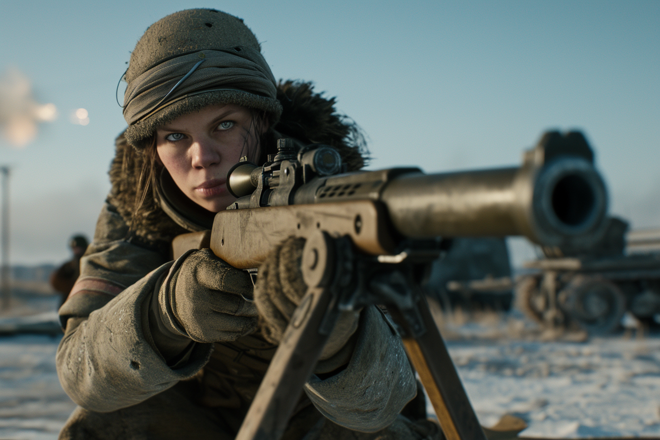 Sumérgete en la intensidad del combate con esta imagen de una francotirador en el campo de batalla invernal. Su mirada fija y determinada, junto con el equipo de invierno y el rifle, capturan la esencia de la guerra y la resistencia en climas extremos.