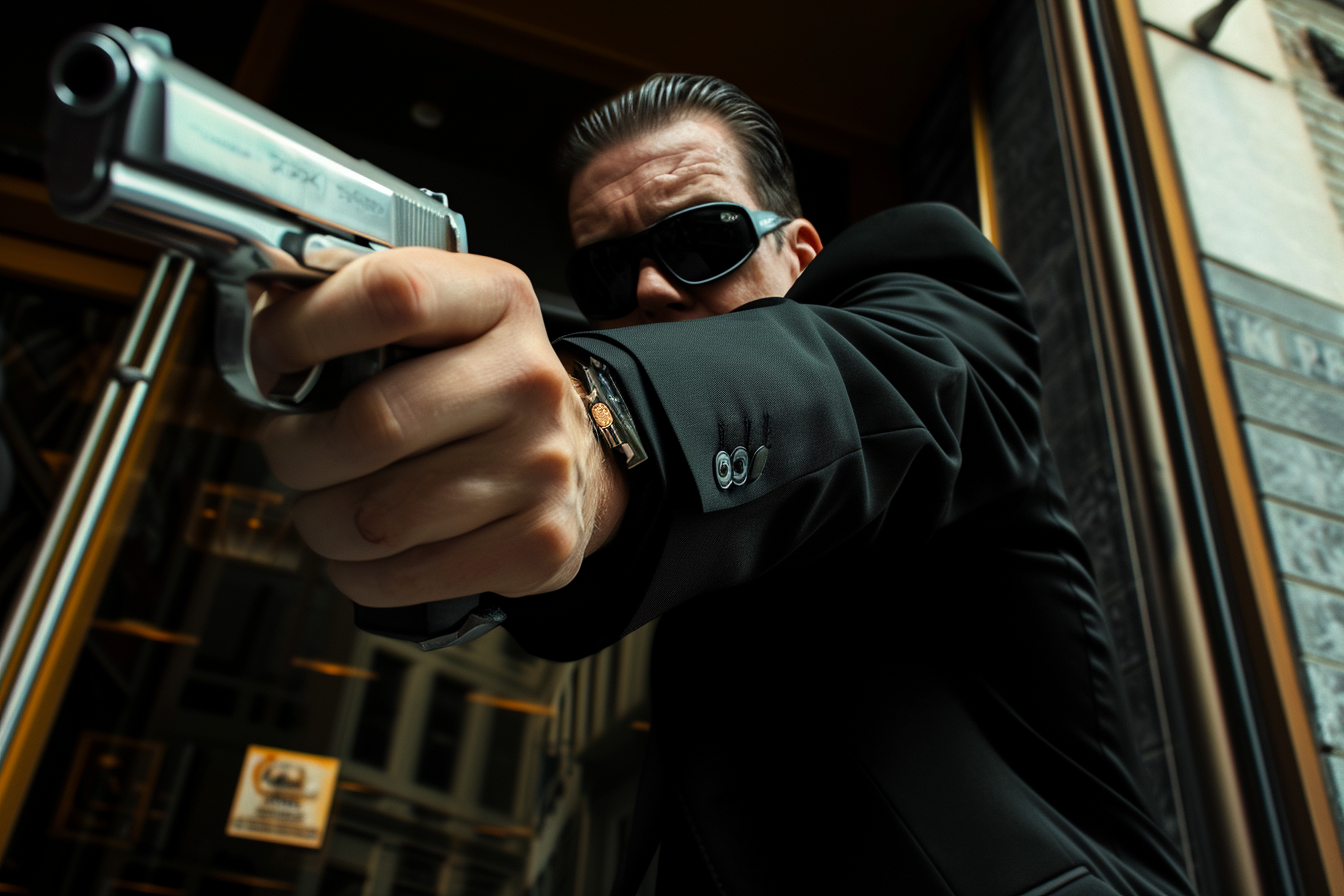 Descubre una impactante imagen de un agente en acción, empuñando una pistola con firmeza. Su mirada oculta tras gafas de sol añade un toque de misterio y peligro. Ideal para aquellos interesados en el mundo del espionaje y la acción.