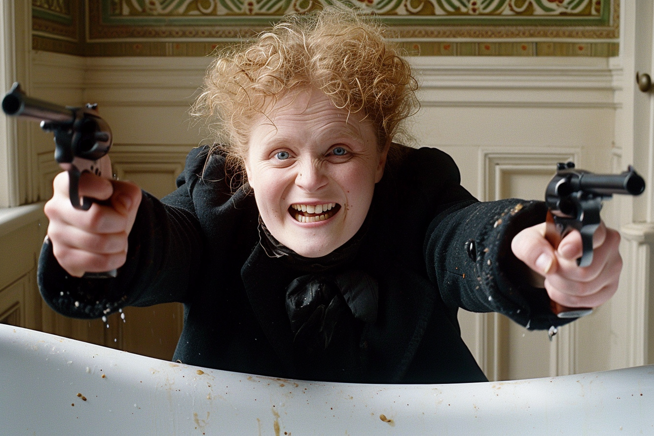 Un hombre con expresión aterradora y cabello rizado desordenado sostiene dos pistolas, apuntando hacia el frente. La escena parece tener lugar en un entorno interior antiguo con detalles ornamentales. Captura un momento dramático lleno de tensión y energía.