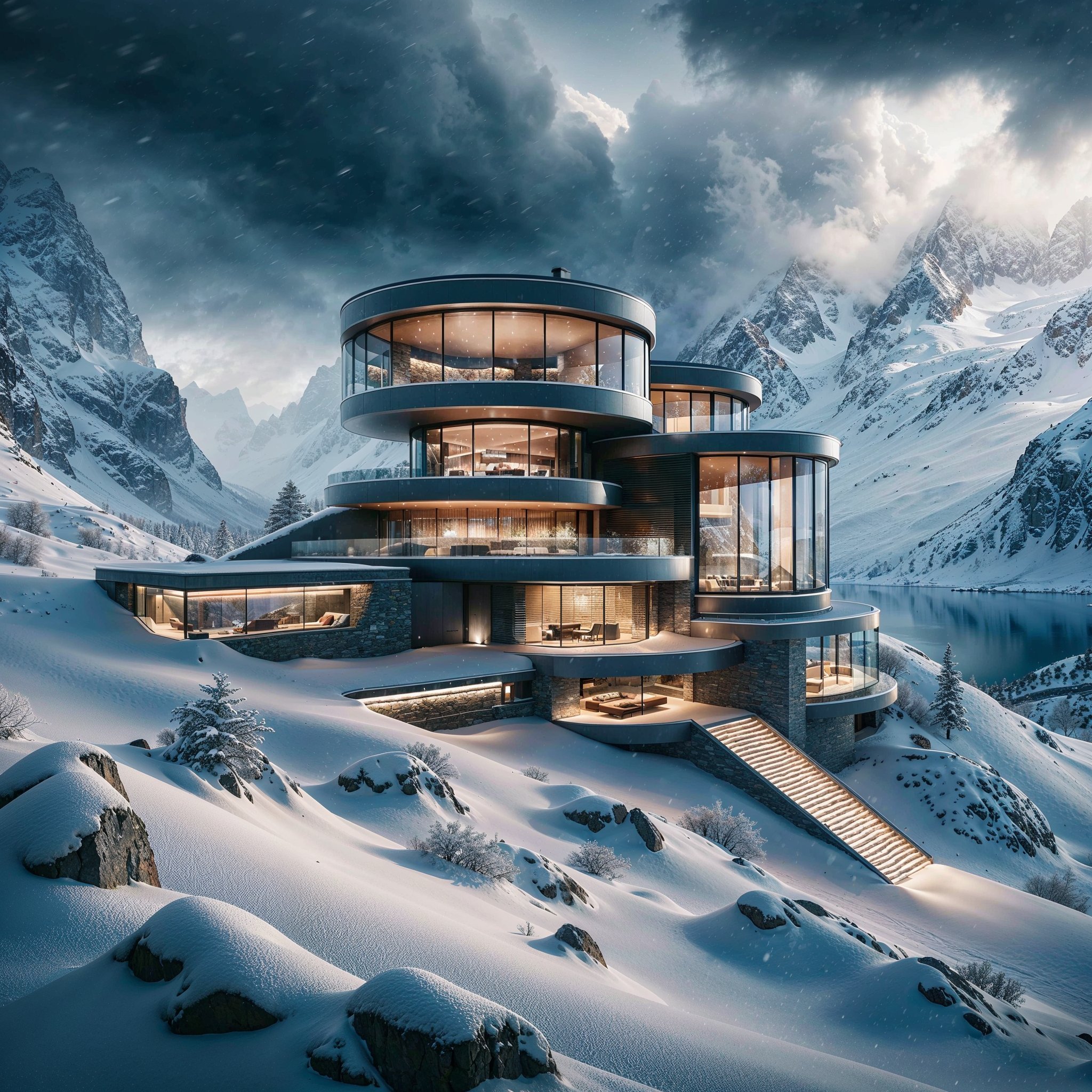 Descubre esta fascinante obra maestra arquitectónica: una casa moderna y lujosa incrustada en una tranquila ladera nevada, iluminada y acogedora, que promete ser el refugio perfecto contra un paisaje alpino dramático.