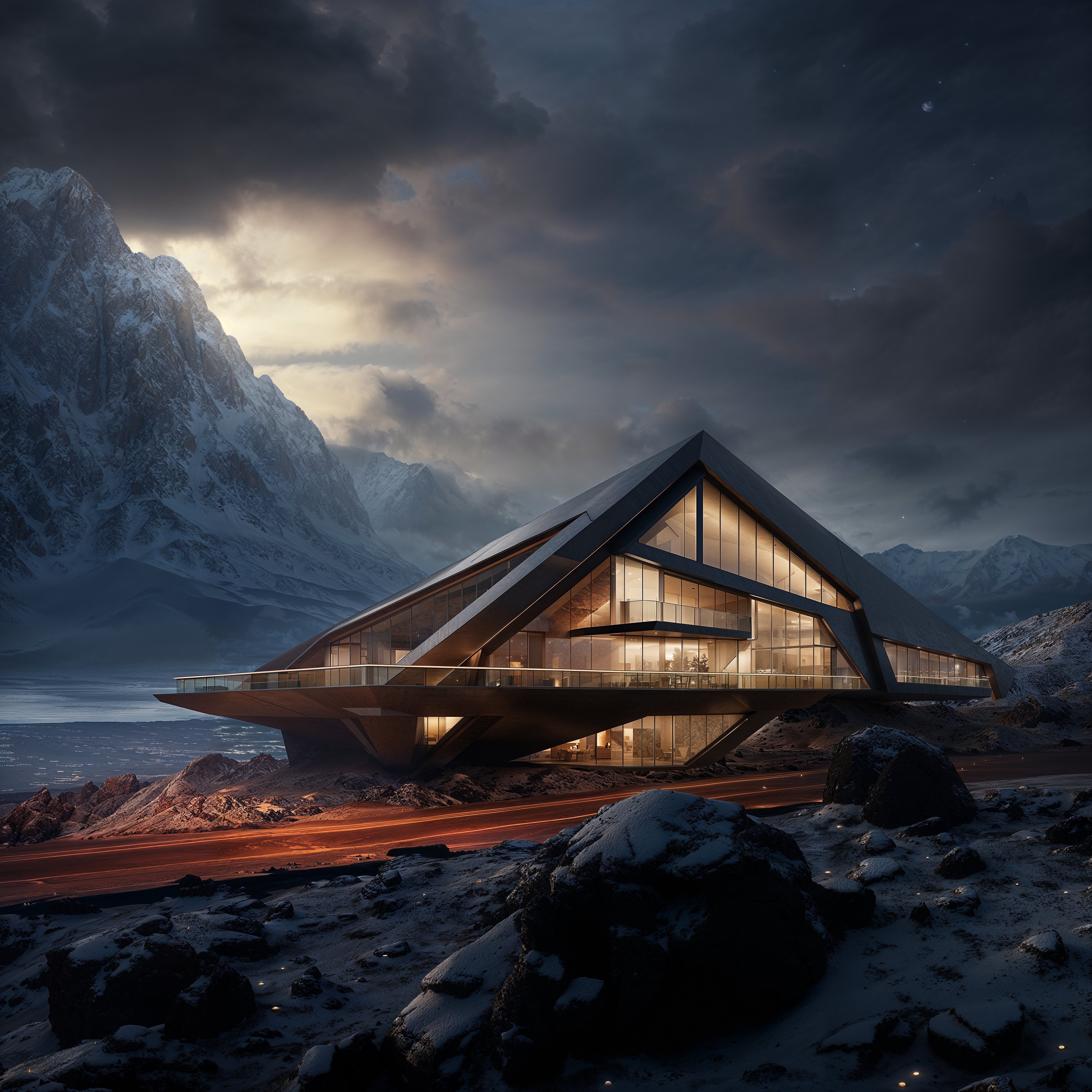 Explora la fusión de la innovación y la naturaleza con esta fascinante imagen de arquitectura futurista en un entorno nevado, iluminando la tranquilidad de las montañas con su diseño moderno y vanguardista.