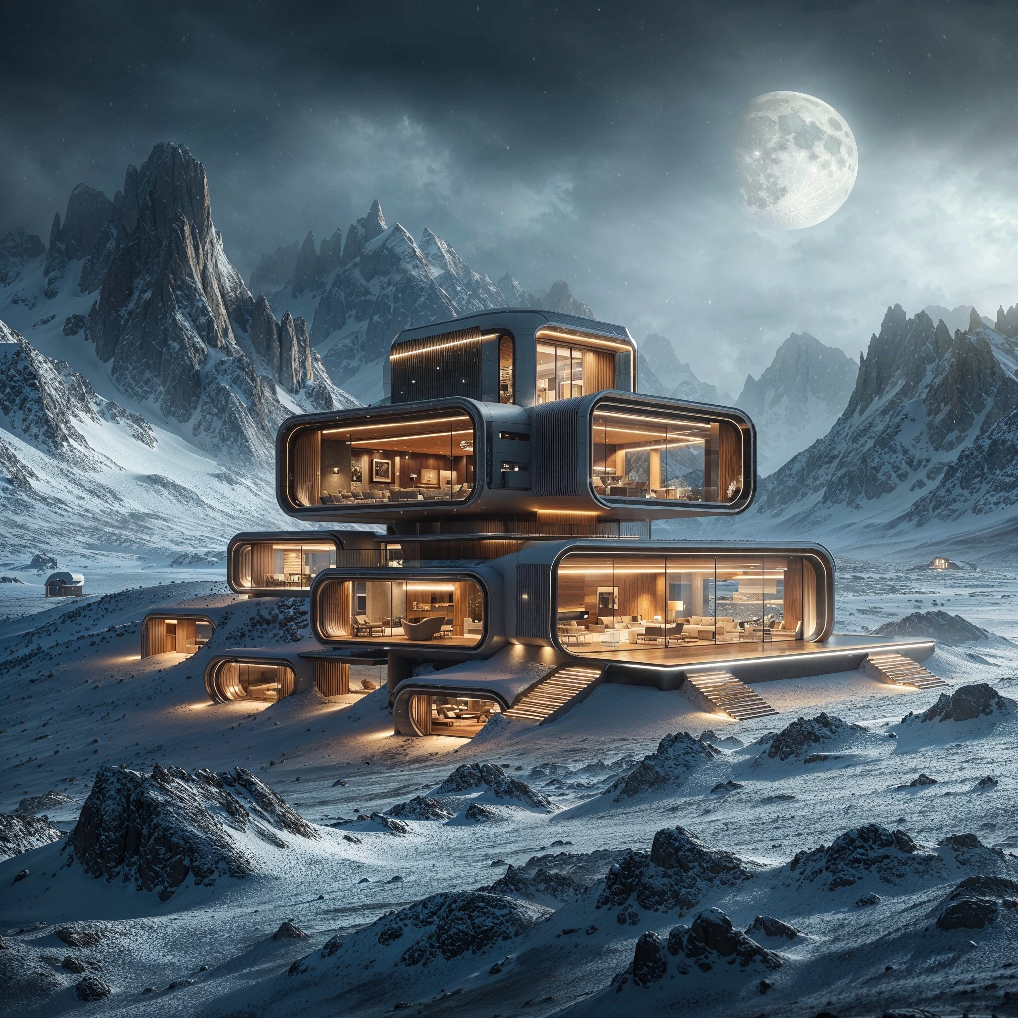 Explora una joya de la arquitectura moderna: una casa de montaña iluminada bajo la luna llena. Perfecta síntesis entre tecnología y naturaleza, espera por ti en este paisaje invernal único.