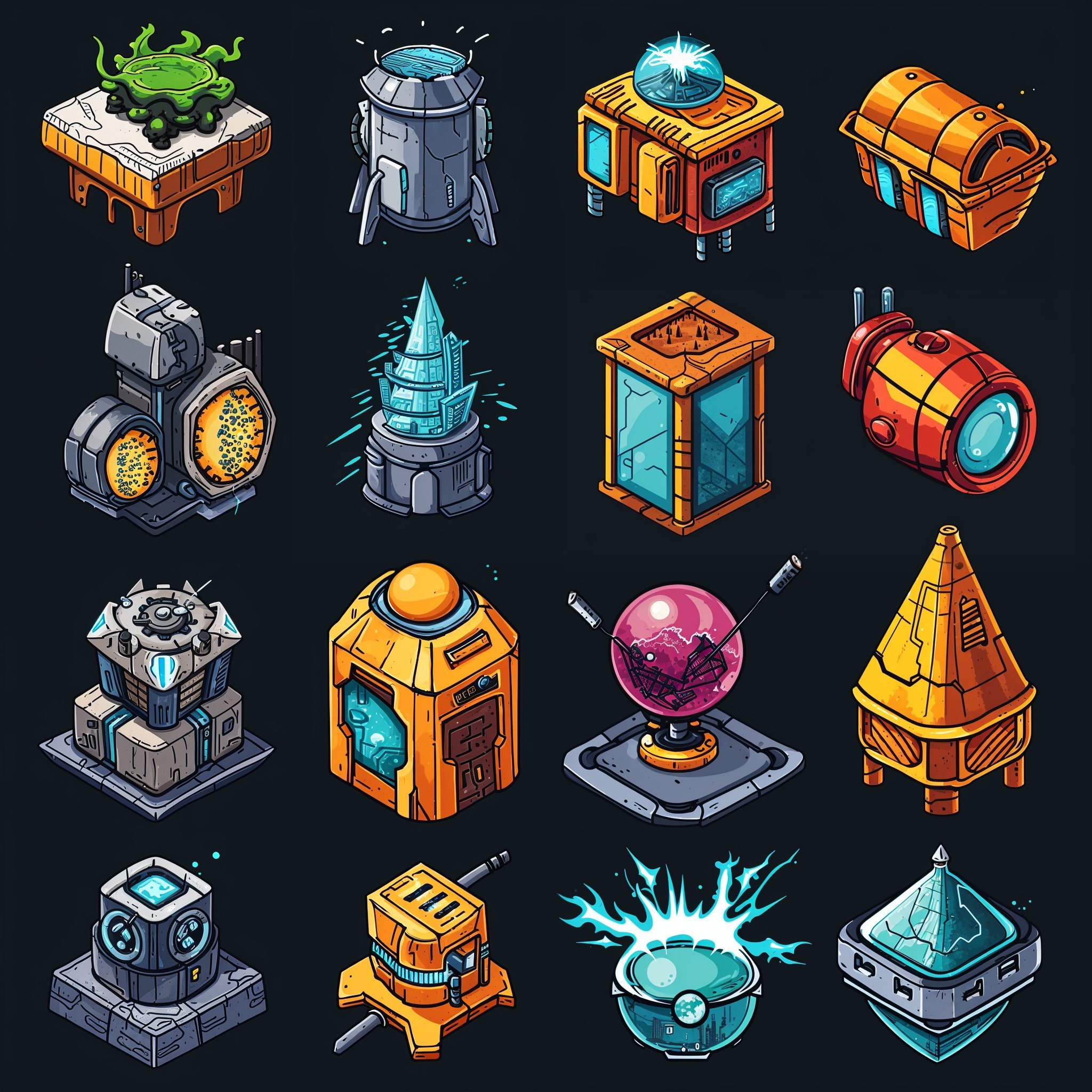 Explora una galería de estructuras fantásticas con un diseño futurista y colores vibrantes, perfecta para inspirar a los aficionados a los videojuegos y a la ciencia ficción.