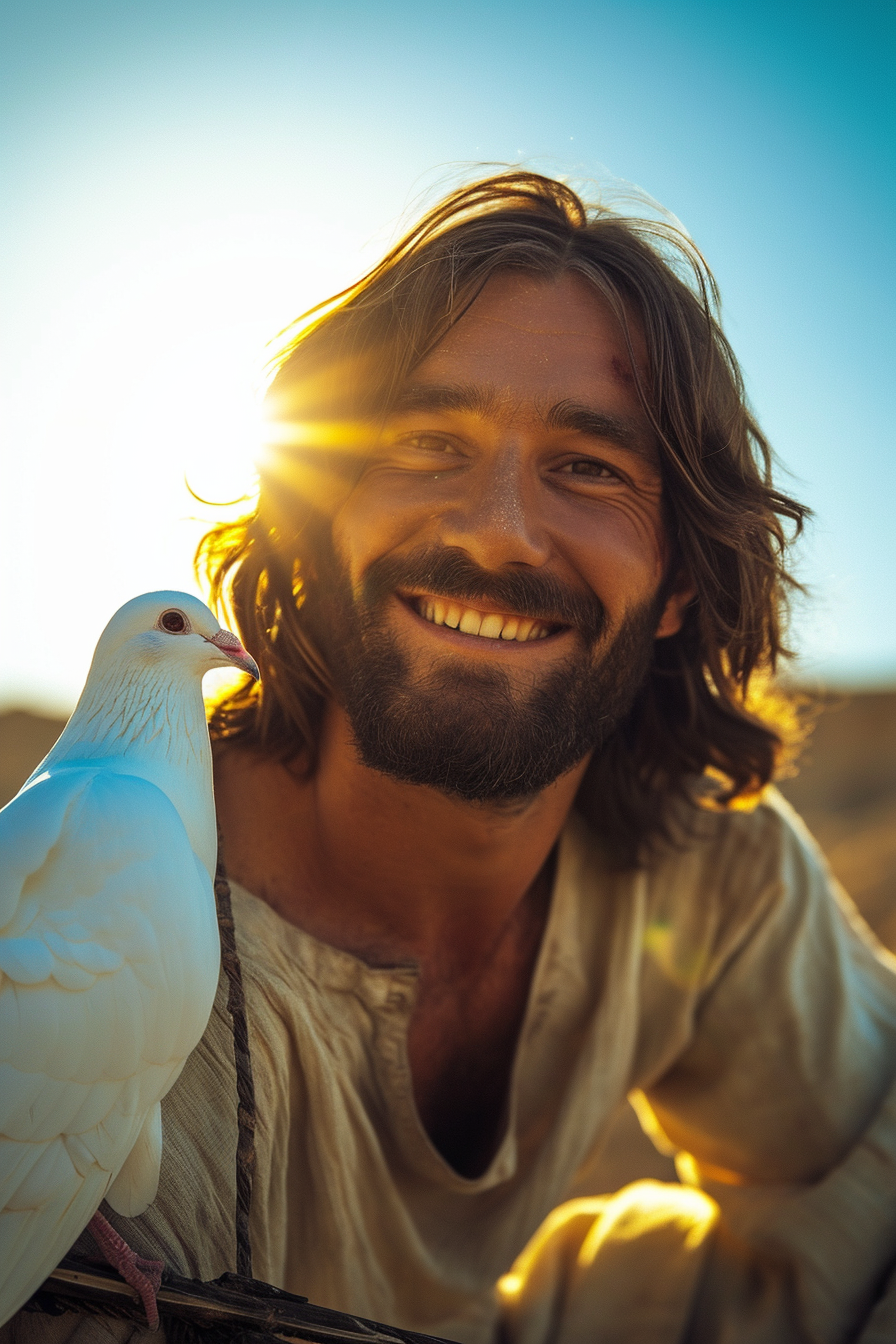 Descubre la tranquilidad del campo con esta radiante imagen que captura la perfecta armonía entre el hombre y la naturaleza, protagonizada por un hombre sonriente y su amistosa paloma bajo la luz del sol. ¡Ideal para inspirar paz y alegría en tu día!