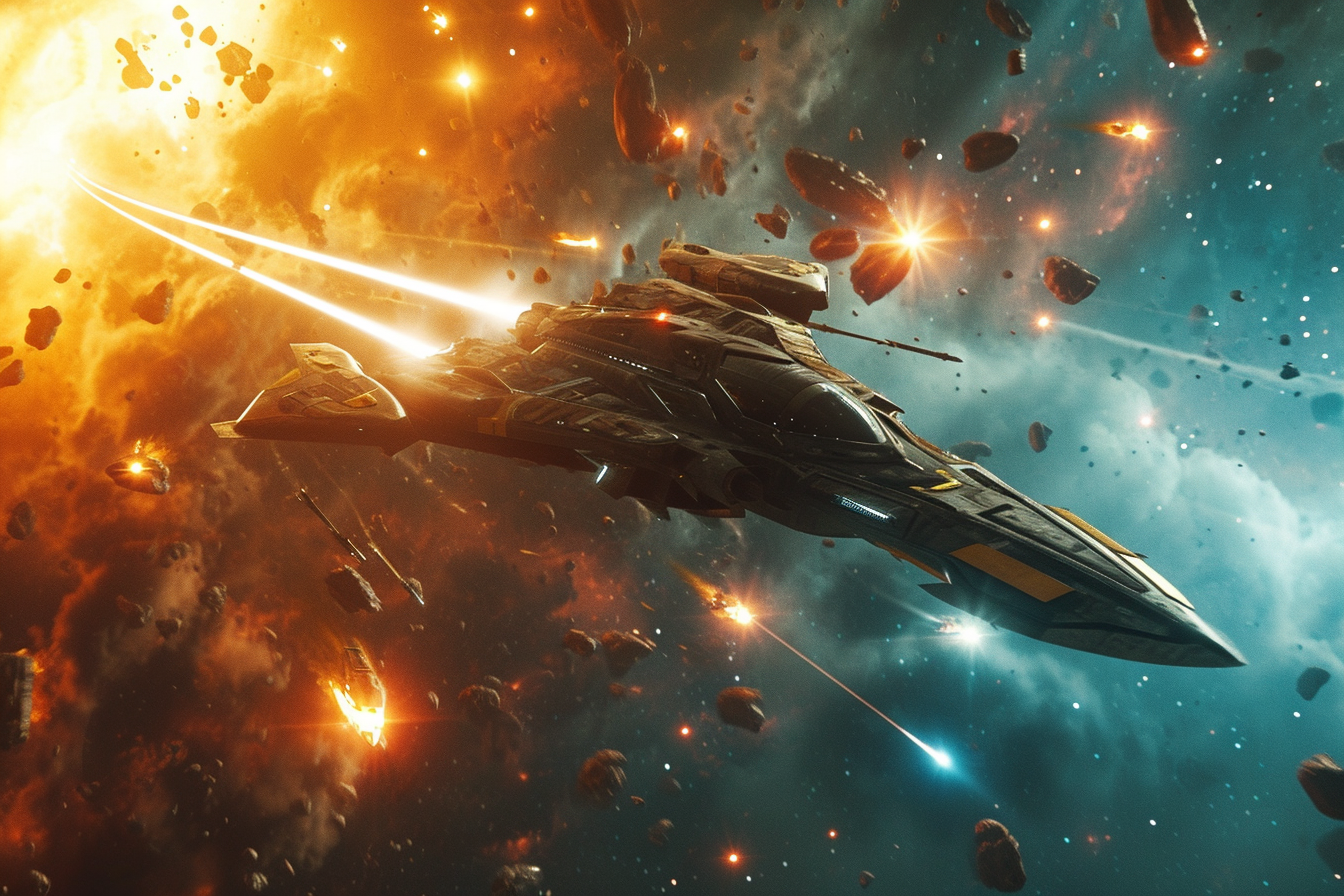 Explora una épica batalla espacial en medio de asteroides con esta impresionante imagen de una nave futurista surcando el cosmos. Ideal para amantes de la ciencia ficción y aventuras intergalácticas. ¡No te pierdas esta escena llena de acción y adrenalina!