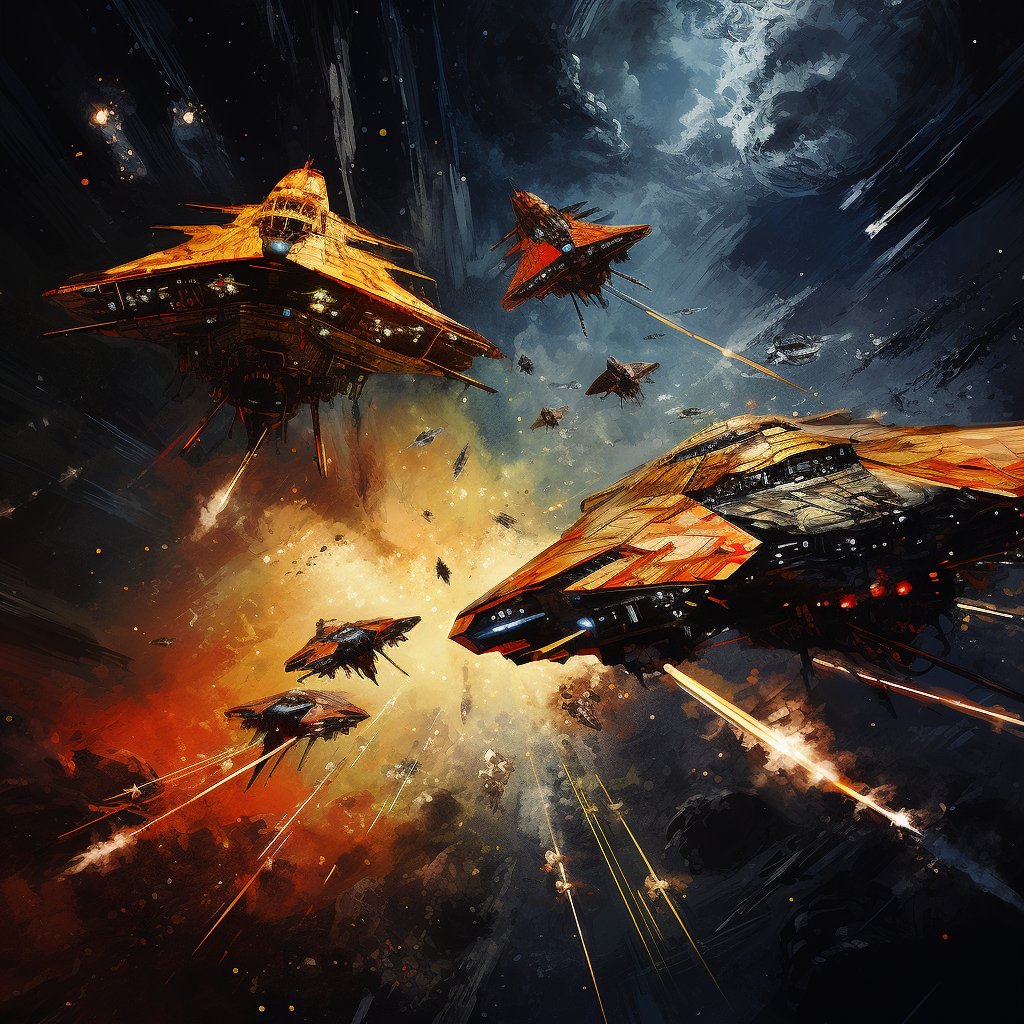 Una intensa batalla espacial con naves futuristas enfrentándose en un dramático combate. El cielo está iluminado por explosiones y destellos, creando una escena épica y llena de acción. Ideal para amantes de la ciencia ficción y la aventura.