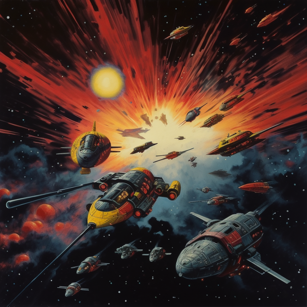 Una épica batalla espacial estalla en esta impresionante ilustración, donde naves futuristas se enfrentan en un combate intenso cerca de una explosión estelar. Sumérgete en un universo de ciencia ficción lleno de acción y tecnología avanzada. ¡Perfecto para los amantes de la ciencia ficción y las aventuras cósmicas!