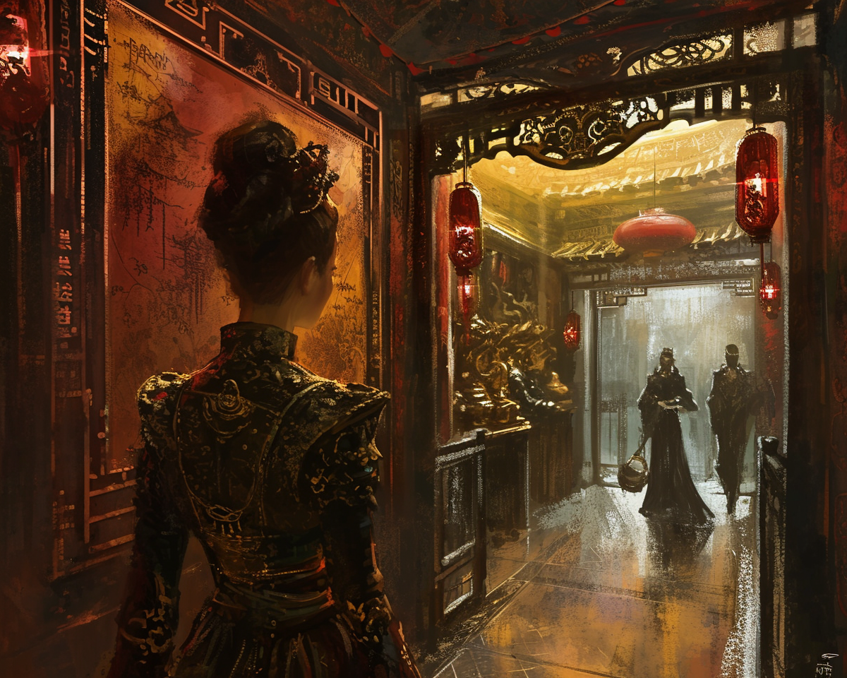 Escena oriental con esta imagen artística. Una mujer en traje tradicional se destaca contra un fondo de iluminación cálida y detalles arquitectónicos exquisitos.