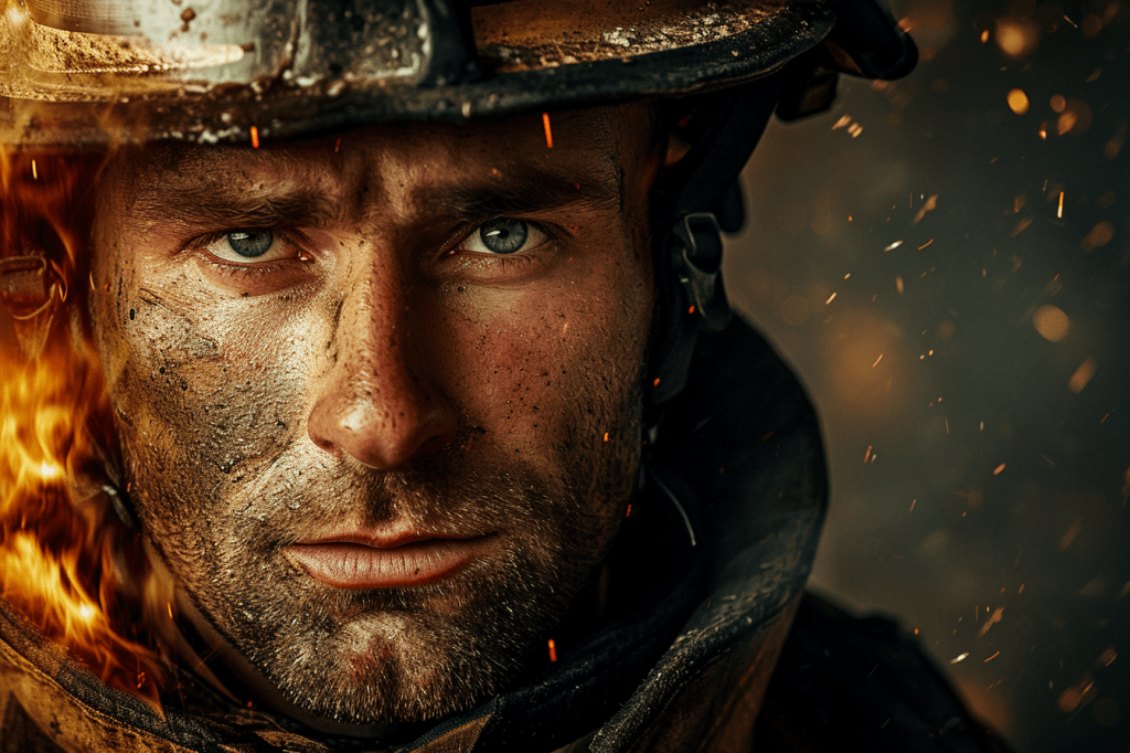 Un primer plano impactante de un bombero con mirada decidida y rostro cubierto de ceniza, mientras las chispas y el fuego lo rodean. Esta imagen poderosa captura la valentía y la determinación de los héroes que arriesgan sus vidas para protegernos del fuego y el peligro.