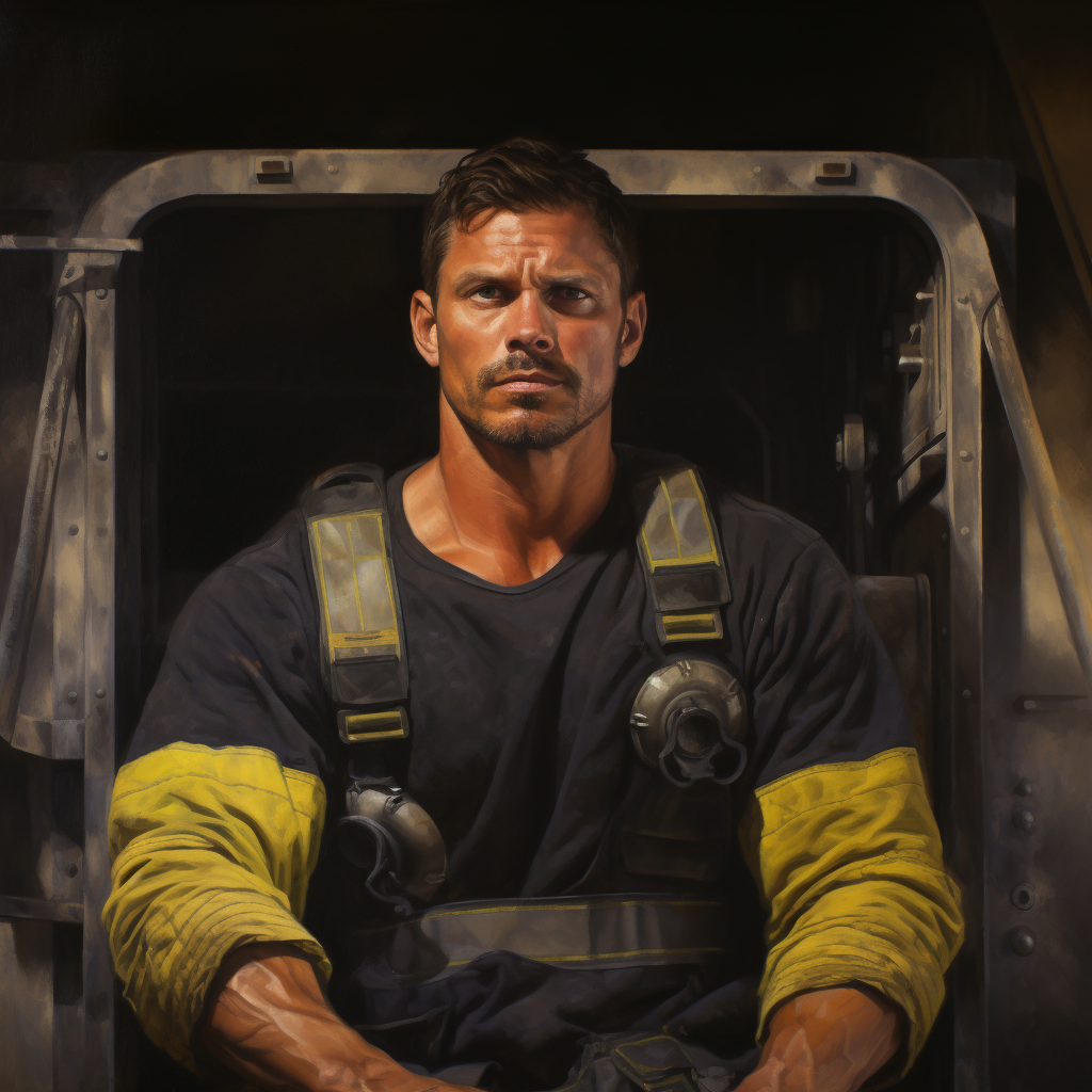 Retrato de un bombero con expresión firme y uniforme impecable, sentado en el interior de un camión de bomberos. Esta imagen resalta la preparación y el profesionalismo de los bomberos, mostrando su dedicación y disposición para enfrentar cualquier emergencia con valentía y determinación.