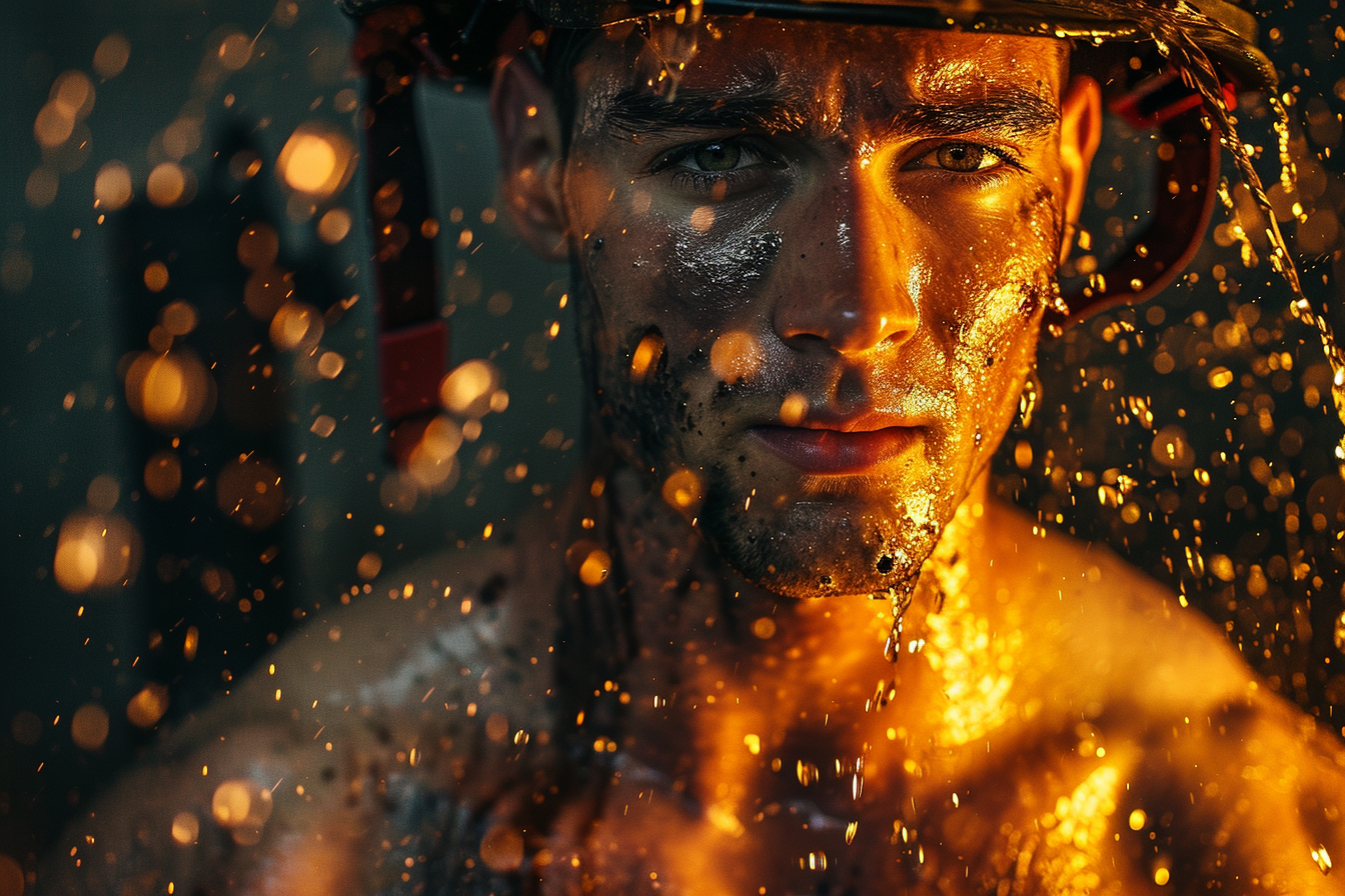 La imagen muestra la intensidad y el coraje de un bombero cubierto de sudor y ceniza, con reflejos dorados y gotas de agua brillando a su alrededor. Esta poderosa fotografía resalta la valentía y la determinación en medio del peligro. Ideal para contenido sobre héroes y valentía.