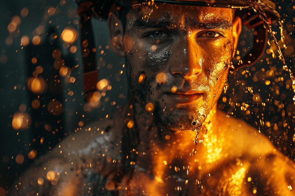 La imagen muestra la intensidad y el coraje de un bombero cubierto de sudor y ceniza, con reflejos dorados y gotas de agua brillando a su alrededor. Esta poderosa fotografía resalta la valentía y la determinación en medio del peligro. Ideal para contenido sobre héroes y valentía.