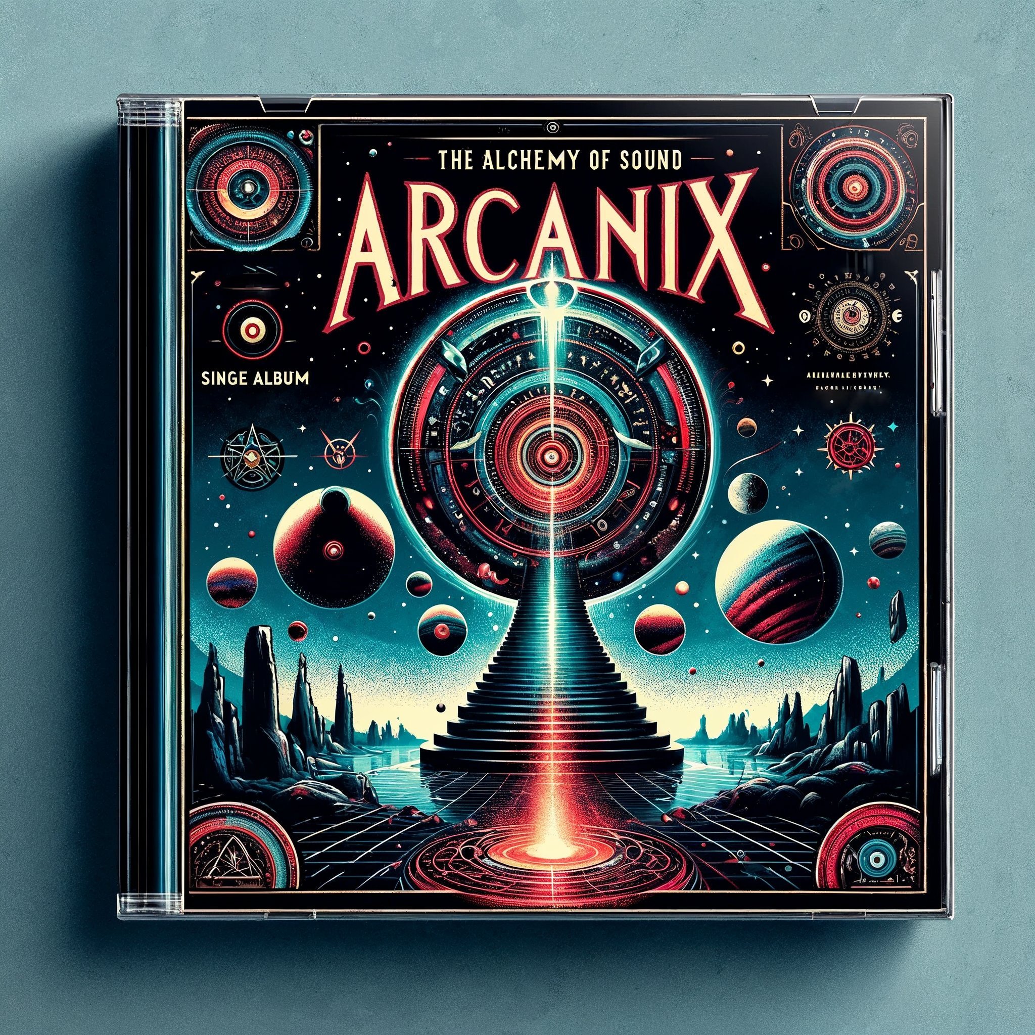 Álbum "The Alchemy of Sound" de ARCANIX, una carátula de disco que es una obra maestra visual en el género retro-futurista. Esta deslumbrante imagen presenta un paisaje estelar con planetas, estrellas y otros cuerpos celestes, centrados alrededor de una estructura de escalera en espiral que emite un resplandor rojo intenso, creando una atmósfera de misterio y exploración cósmica.