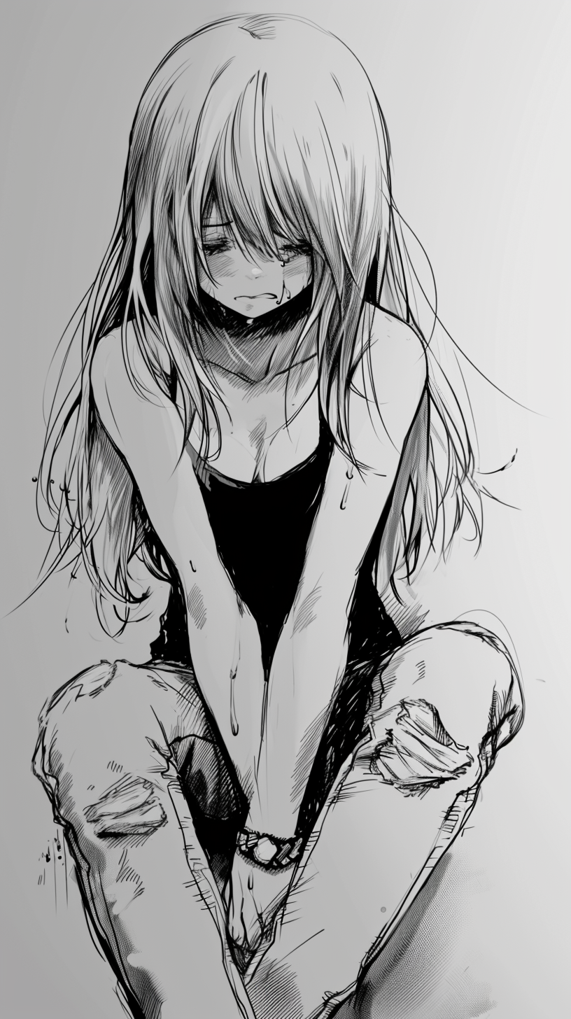 Explora el profundo simbolismo en esta captura en blanco y negro: una figura femenina abrumada por la emoción, sus largas hebras ocultando su rostro, evocando una historia no contada. Perfecta para quienes aprecian el arte conmovedor y expresivo.