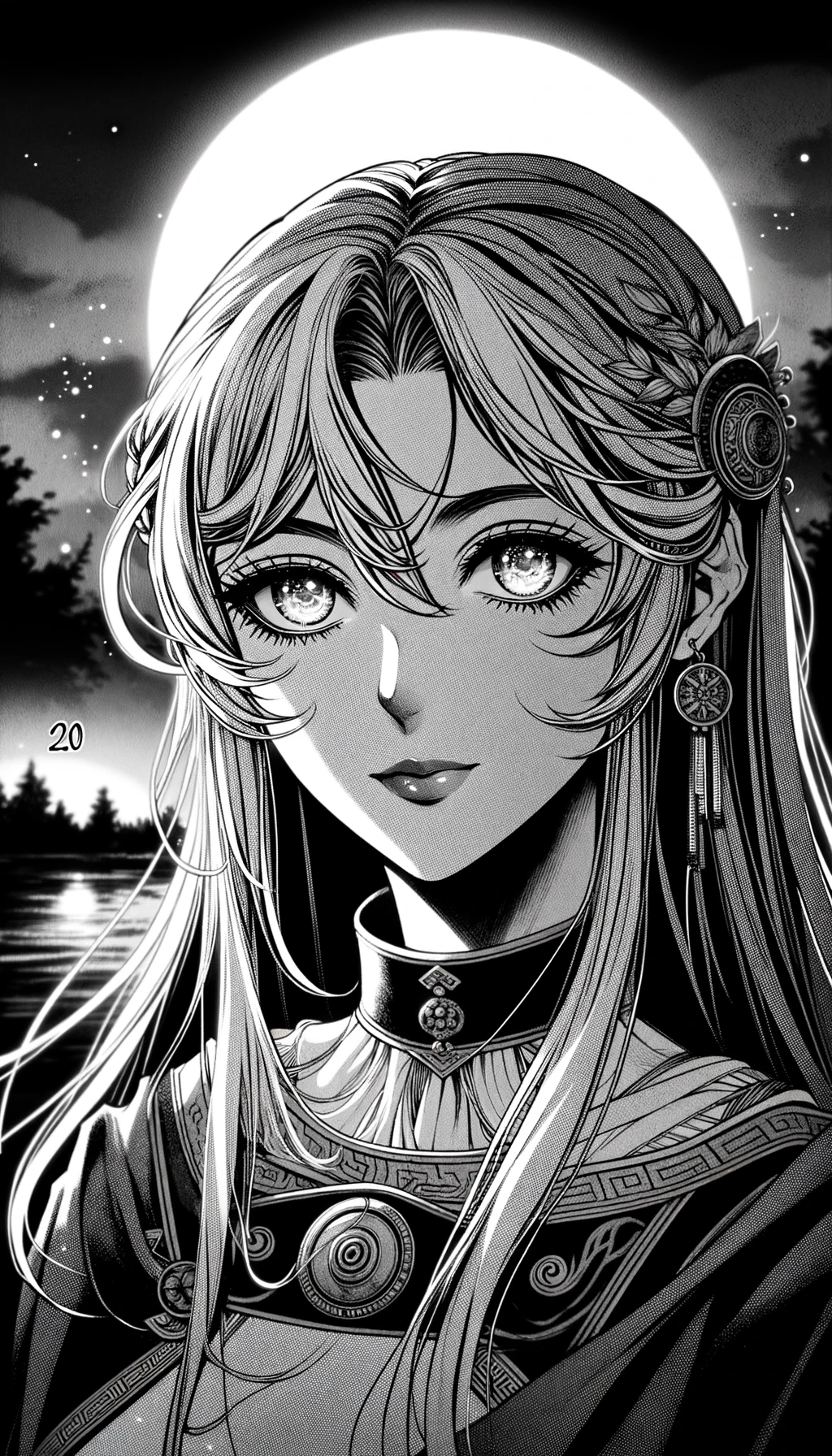 Descubre el encanto de una noche iluminada con esta ilustración de alta calidad que captura la belleza etérea de una mujer fantástica, adornada con joyería lunar, envuelta en el misterio de un paisaje nocturno. Perfecta para los amantes del arte y la fantasía.