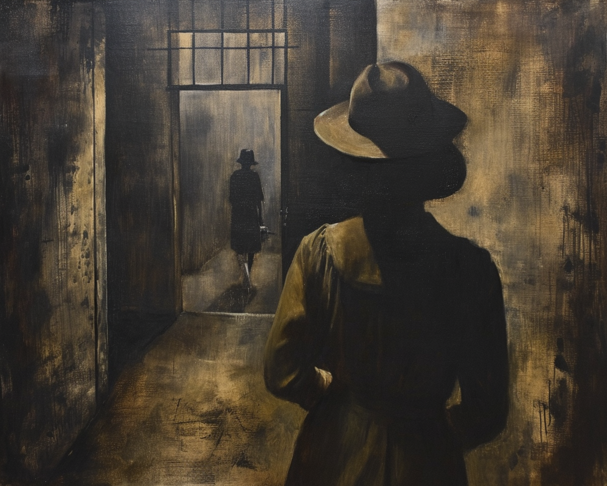 imagen evoca una atmósfera de misterio y nostalgia, perfecta para amantes del cine noir y las narrativas visuales intrigantes. La pintura representa a una figura femenina de espaldas, vestida con un abrigo y sombrero clásicos, observando a otra silueta que se aleja a través de una puerta iluminada.