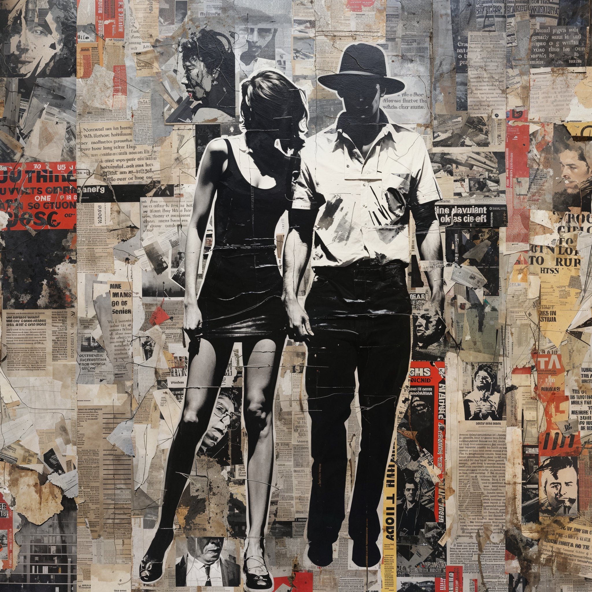 Imagen es una obra de arte visualmente cautivadora que se destaca por su composición de collage contemporáneo. La pieza centraliza a dos figuras estilizadas - un hombre y una mujer - de pie, tomados de la mano, recortados en blanco y negro sobre un fondo compuesto de recortes de periódicos.