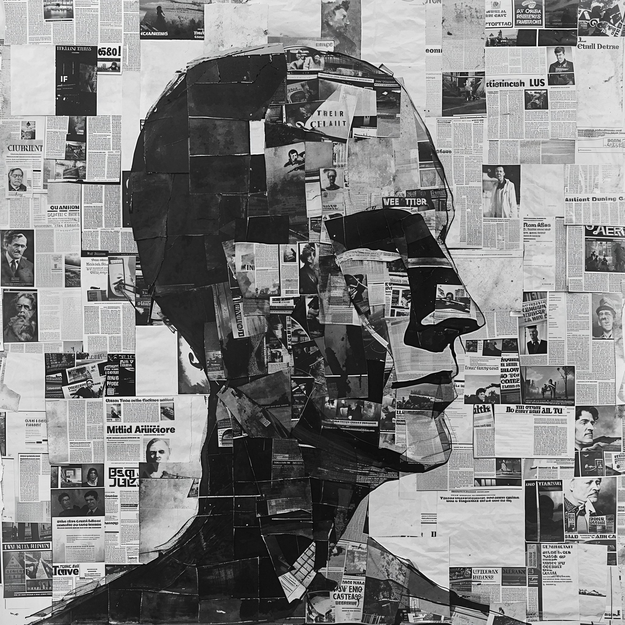 Collage artístico de periódicos. Esta obra en blanco y negro transforma recortes periodísticos en un cautivador retrato humano, entrelazando texto e imagen para desafiar nuestra percepción de la media y la identidad.