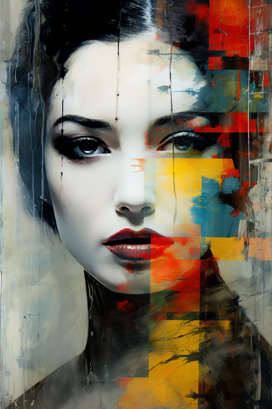 Impresionante pieza que fusiona retrato y abstracción. Este lienzo digital presenta un rostro femenino segmentado por líneas nítidas y bloques de colores vivos, ofreciendo una perspectiva única que juega con la percepción visual.