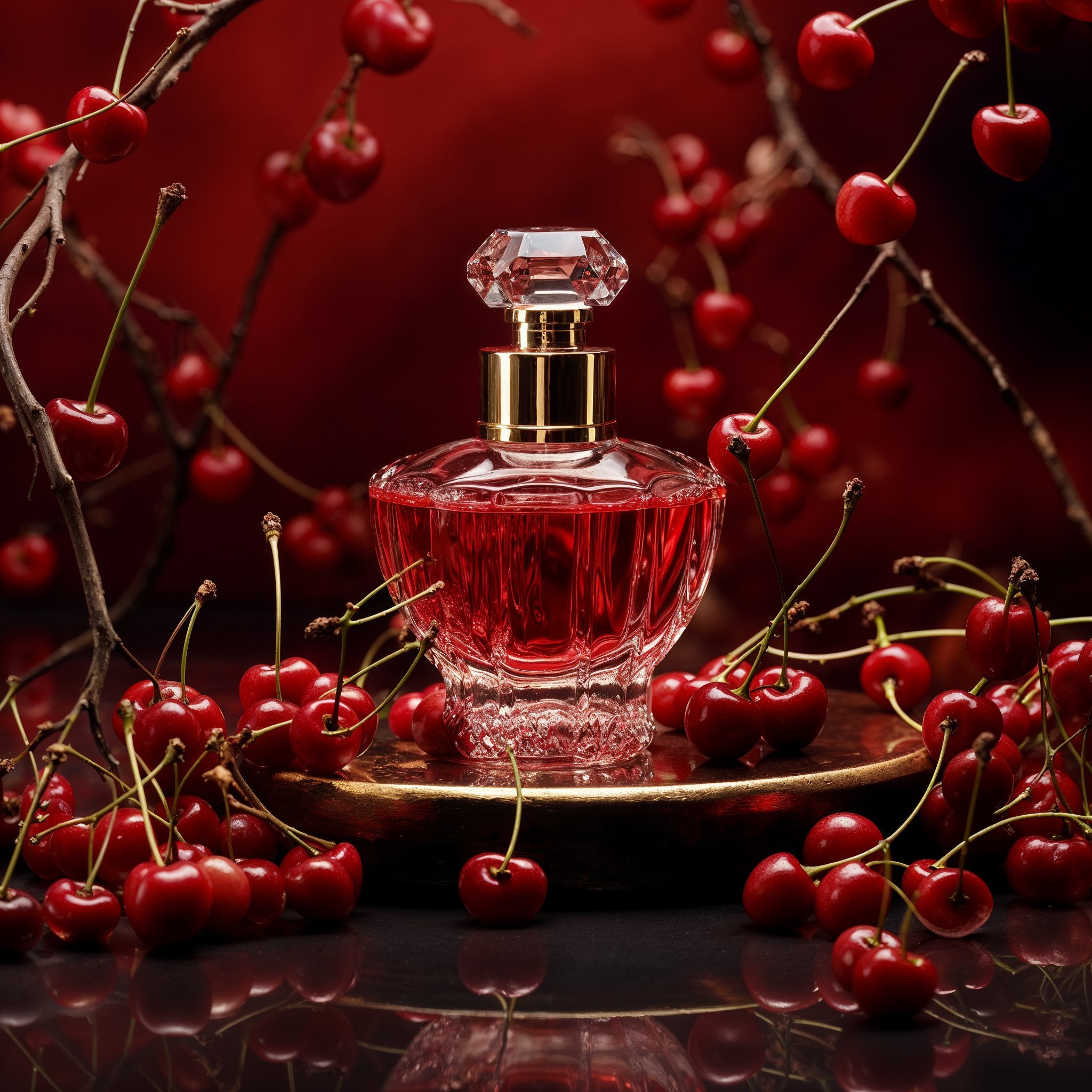 Imagen de un lujoso frasco de perfume rodeado de cerezas frescas, perfecta para captar la atención de aficionados a la perfumería y la fotografía de productos de alta gama.